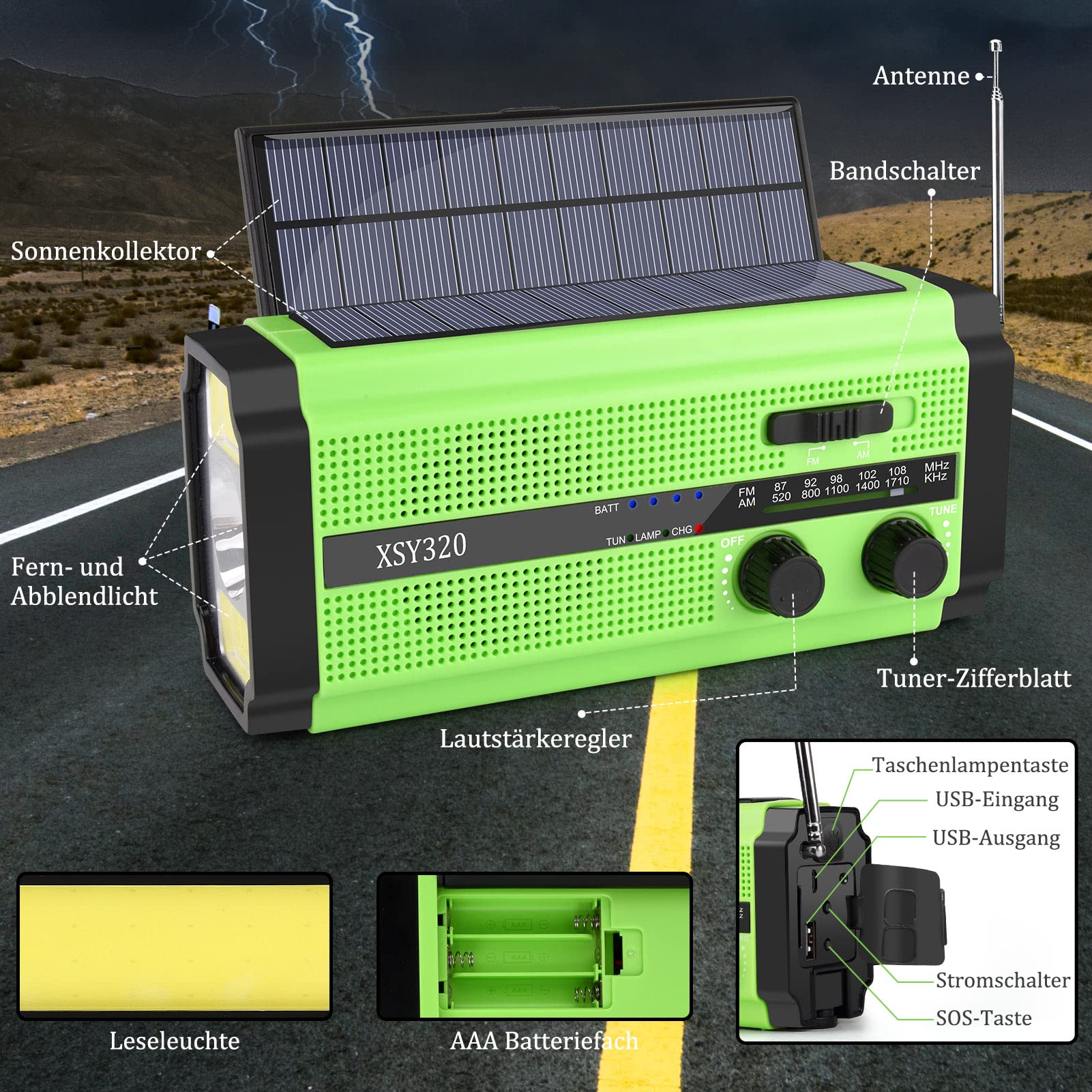 Gindoly Radio słoneczne AM/FM, przenośne radio awaryjne, 5000 mAh, ładowalne radio dynamo, z latarką LED i lampką do czytania, alarm SOS do wędrówek, biwakowania, aktywności na świeżym powietrzu, w