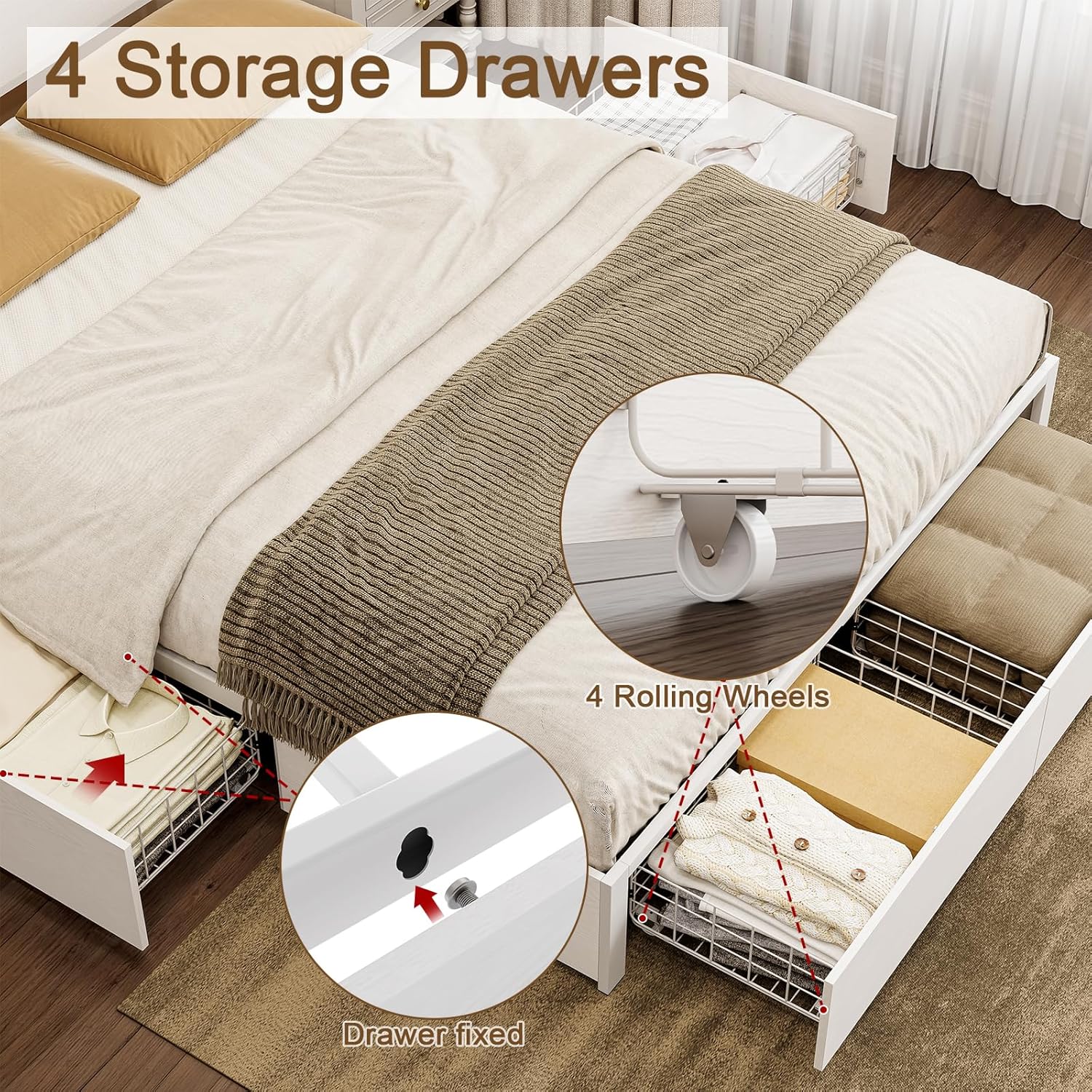 HAUSOURCE Full Bed Frame with 4 Storage Drawers Bed Frame Full Size with Headboard LED Lights Charging Station Metal Slats Platform Heavy-Duty Support No Box Spring Needed White - Image 6