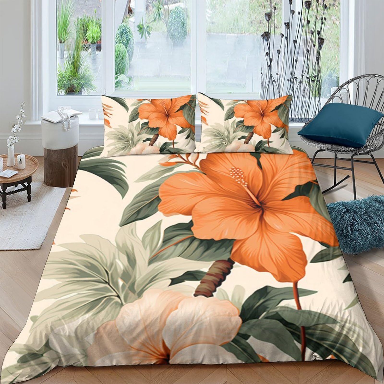 Ctjqhvkz Style-9 3D Printed Orange Hibiscus Fitted Sheet Microfiber Soft Tropical Leaf Mattress Cover Bedroom Decor Easy Care Single（135X200cm）
