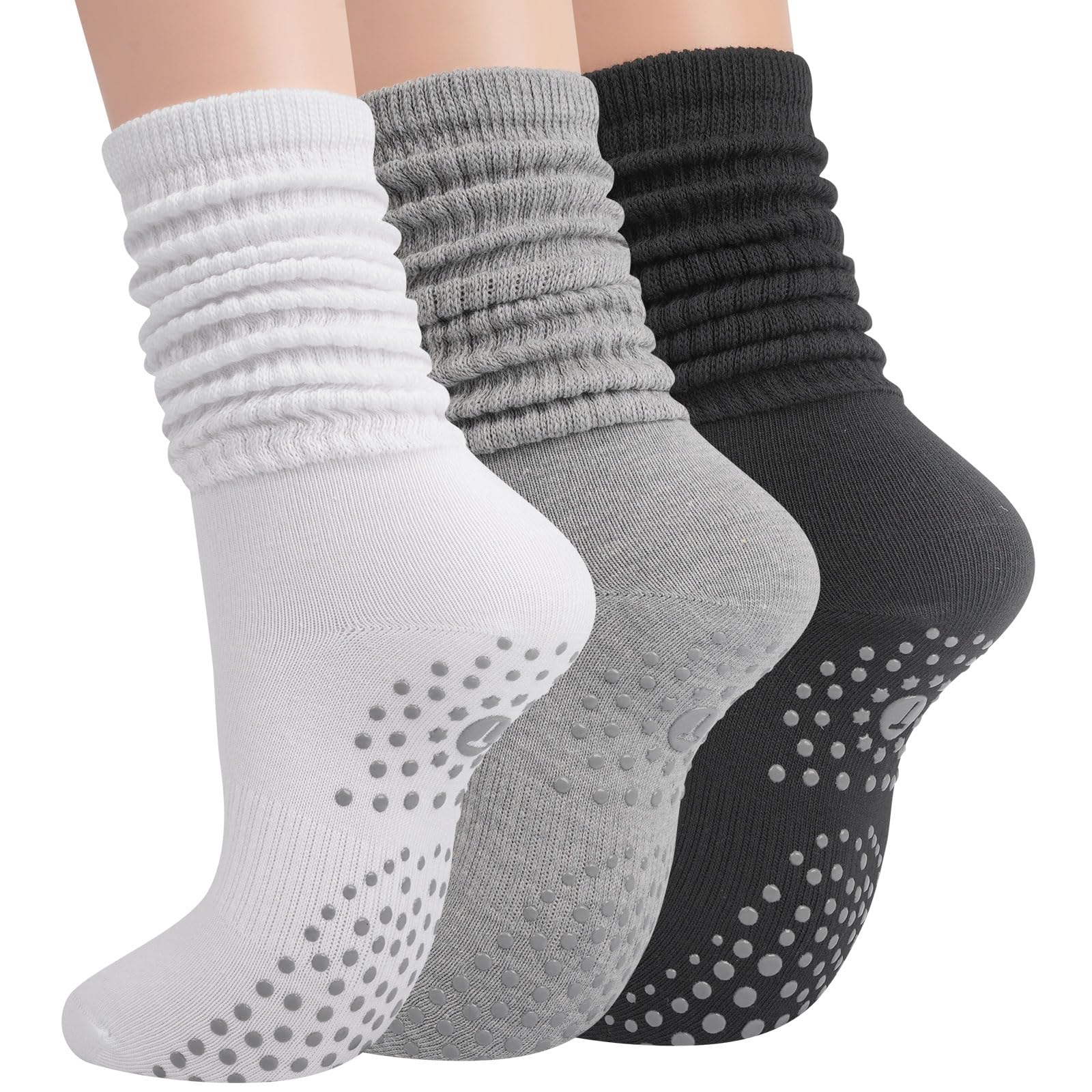Grip Pilates Socks for Women, Yoga Slouch Socks with Grip for Barre Workout Hospital Long Scrunch Slipper Socks: White+black+grey