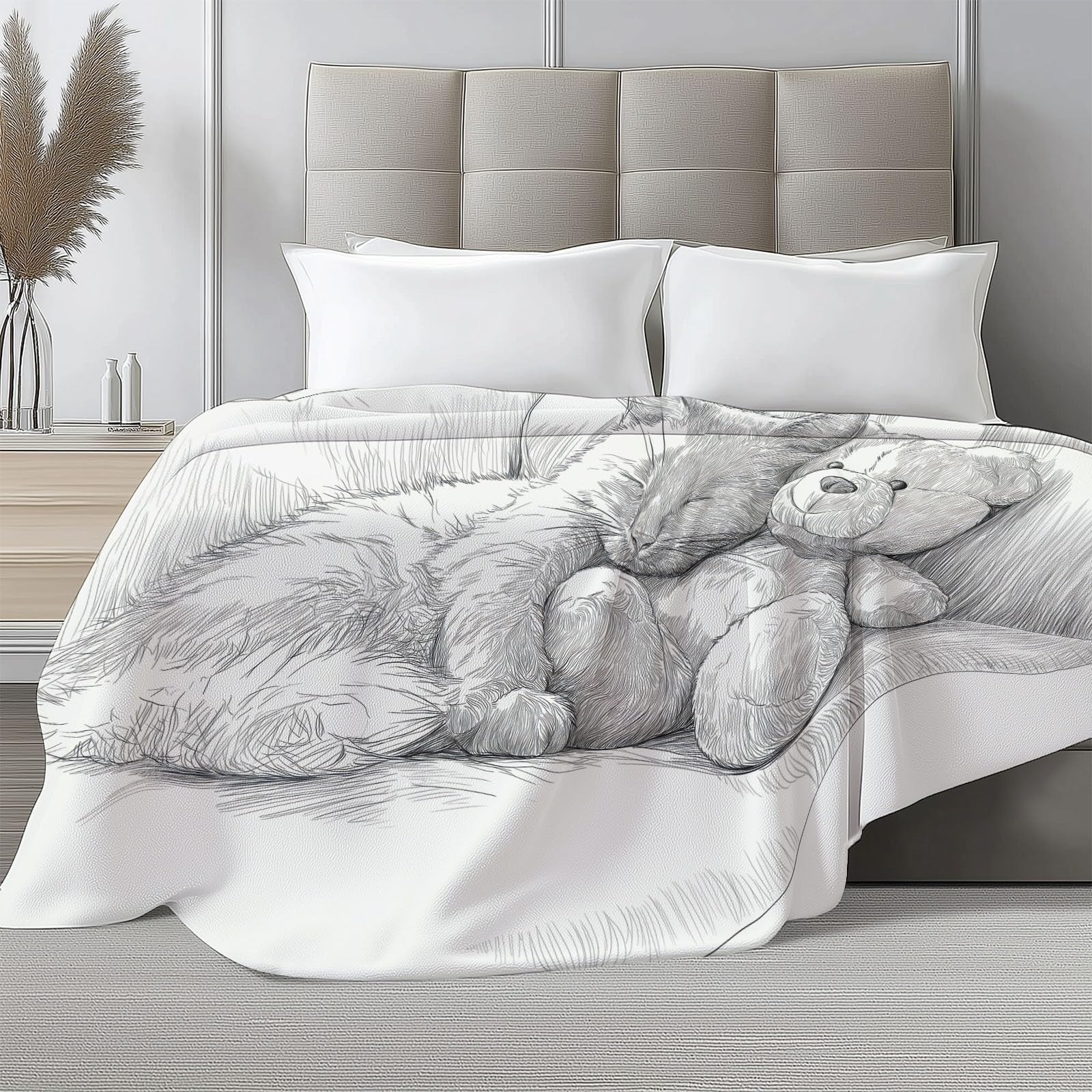 Genérico Marfil Manta de Franela Polar, 220 x 240 cm Manta Cálida de Invierno, Suave, Esponjosa y Cálida con Estampado Dibujado A Mano Bonito Animal Gato - Manta para Cama Colcha y Sofá