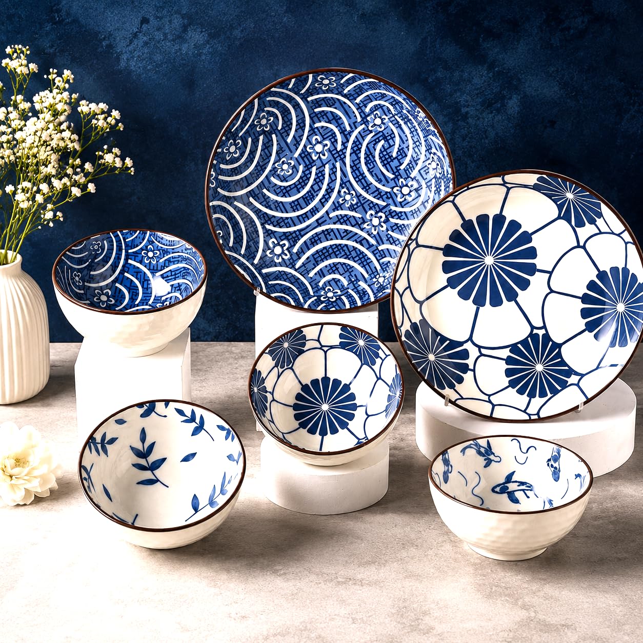 Japanese Style Blue & White Ceramic Dinnerware Set – Premium Porcelain 4 Bowl & 2 Plate Set – Elegant Tableware for Daily Dining & Gifting-image-1
