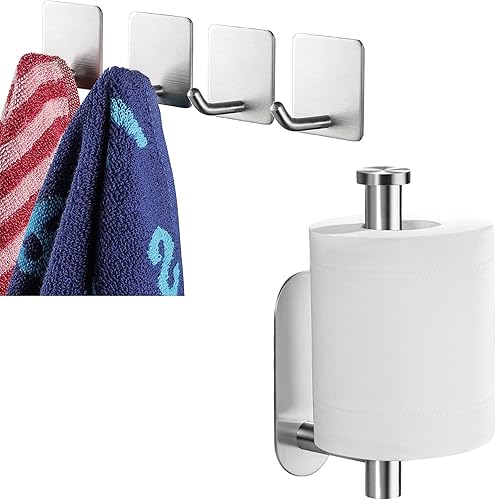 YIGII Portarrollos de papel higiénico autoadhesivo+gancho de toalla adhesivo cepillado, 4 paquetes de ganchos de baño de acero inoxidable
