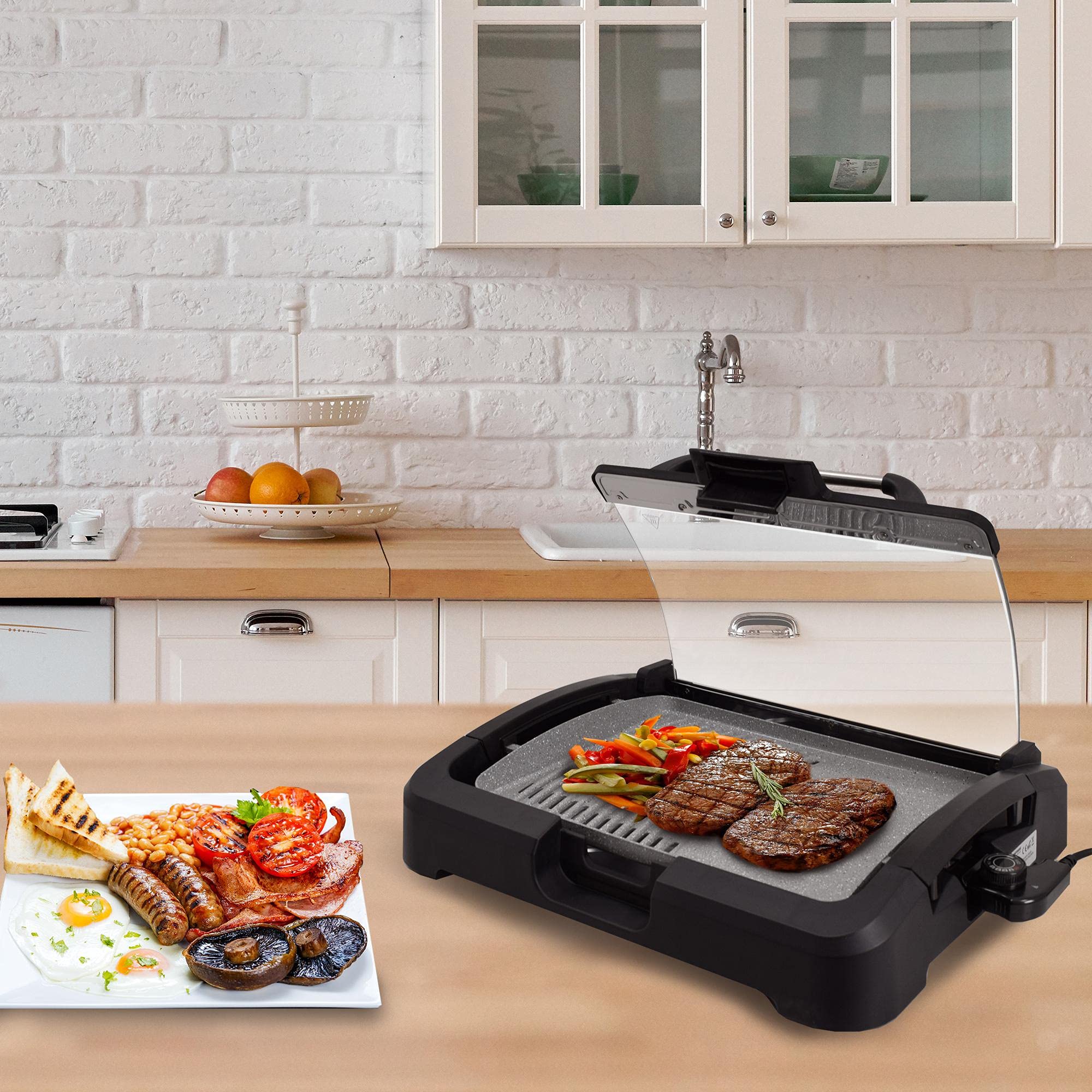Syntrox Germany elektrischer Tischgrill mit Keramik Grillplatte und Glasdeckel BBQ Grill Elektrogrill Barbecue TG-2200W