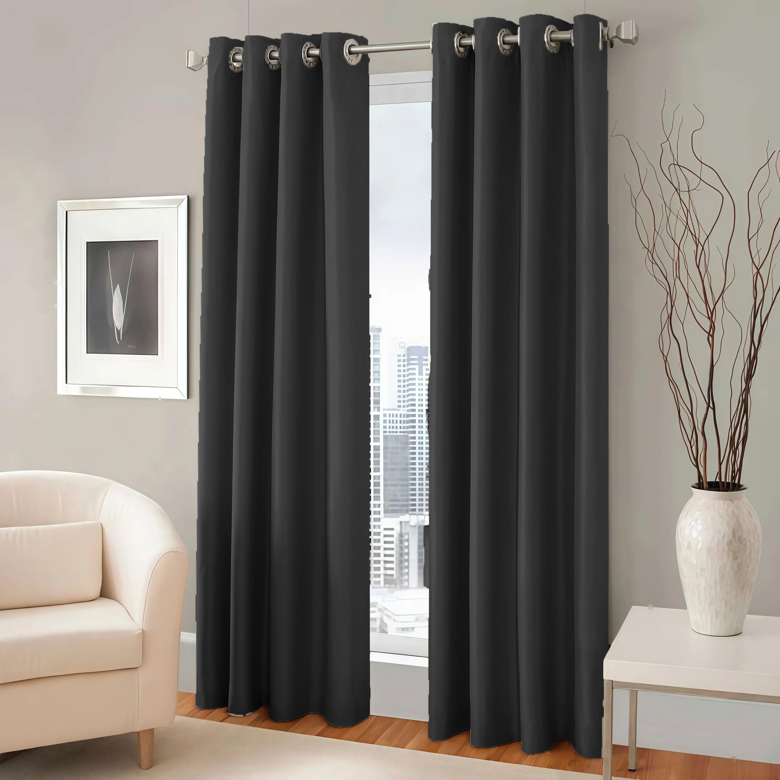 LIUJYUAN Black Out Curtain 80 x 235 cm with Eyelet, Windproof, Room Darkening Eyelet Curtain, Window Insulated Soundproof for Bedroom, Living Room, Door, Black