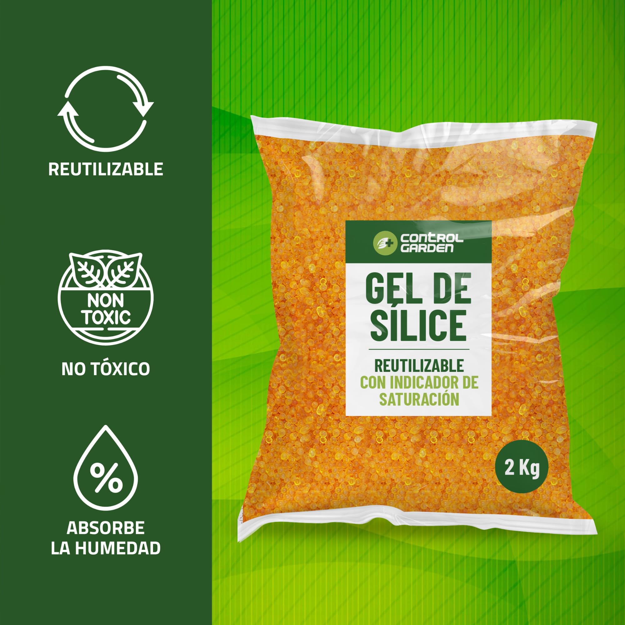 CONTROL GARDEN Gel de Sílice Naranja KG | Absorbedor de Humedad Reutilizable No Tóxico | Bolitas Desecantes Antihumedad Indicador de Saturación | Deshumidificador Natural (2 KG)