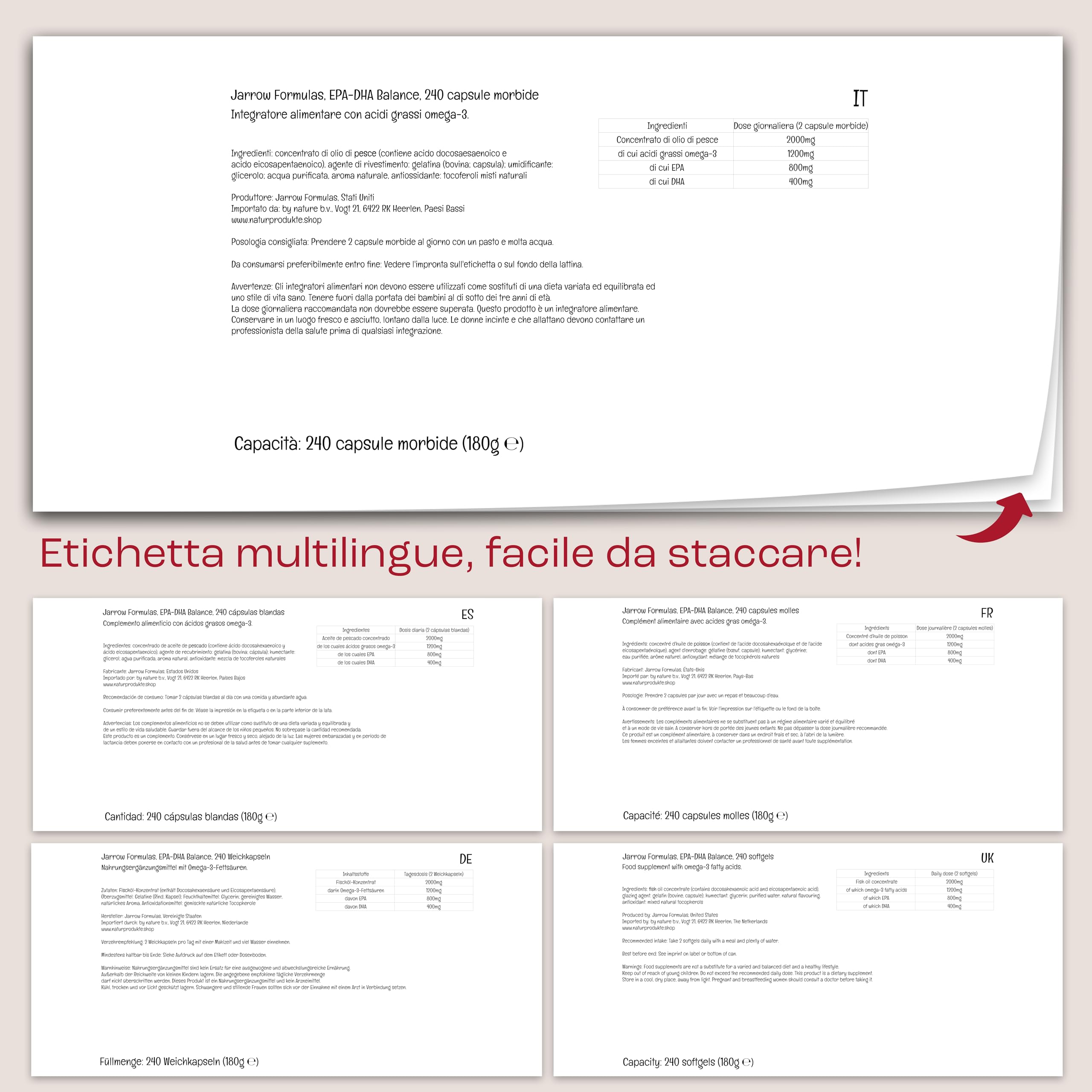 Jarrow Formulas, EPA DHA Balance, 600mg di Acidi Grassi Omega-3, 240 Capsule morbide, Testato in Laboratorio, Senza Glutine, Senza Soia, Non OGM