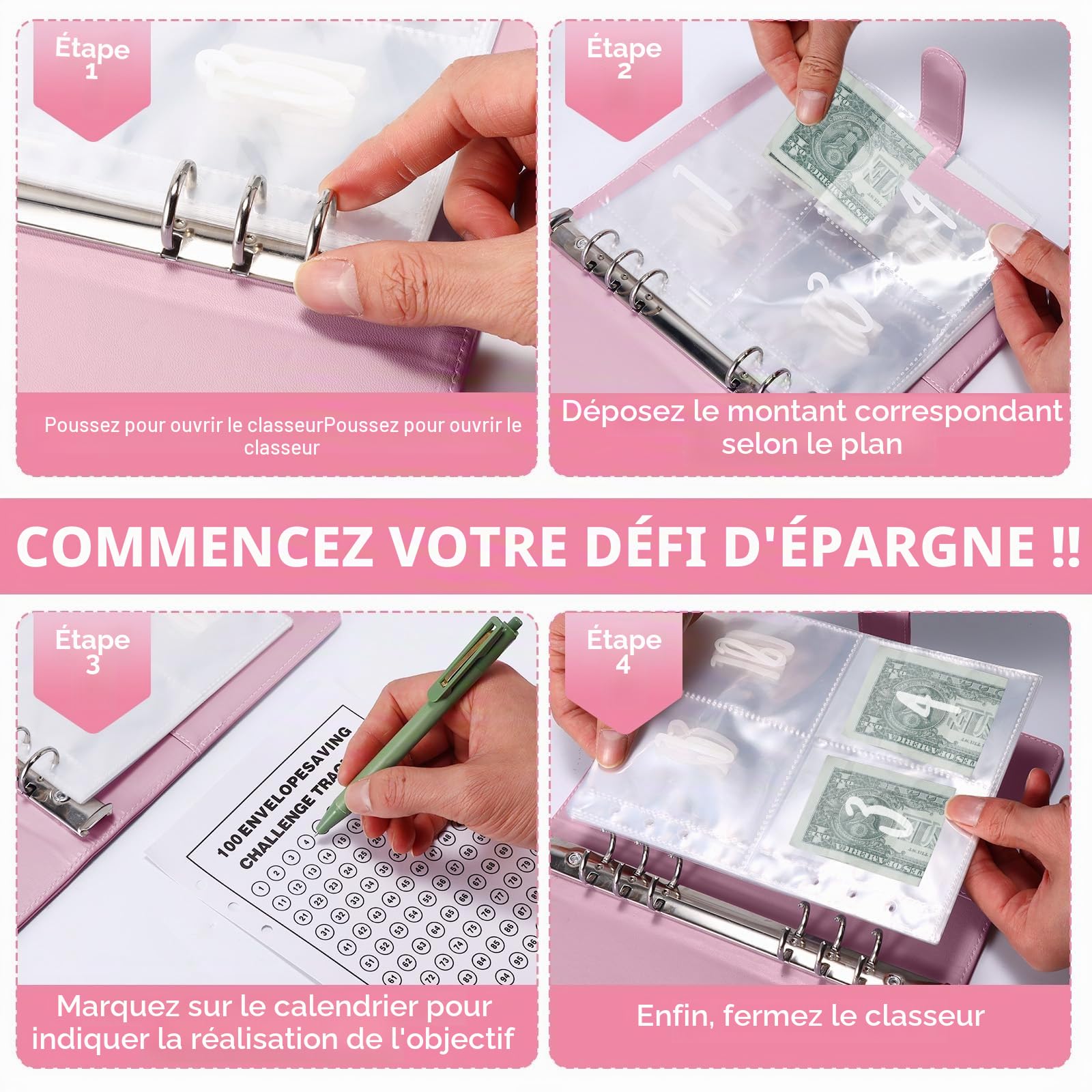 Planificateur de Budget 100 Enveloppes A5 Portefeuille Économie 5050 (Rose)