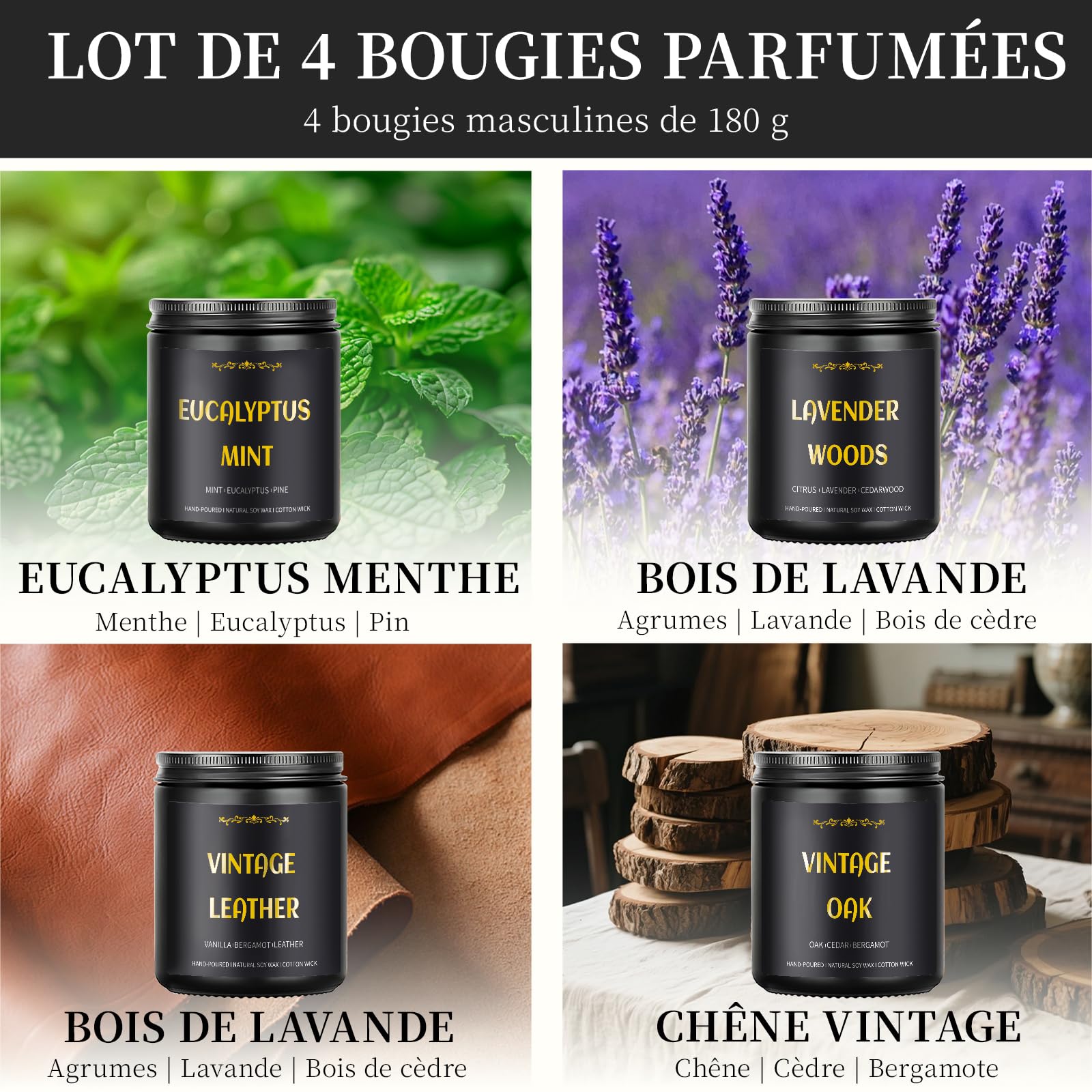 Bougies Parfumées pour Hommes Lot de 4, Bougies de Soja 790 ml, 200 Heures de Combustion, Lavande/Eucalyptus/Cuir/Chêne