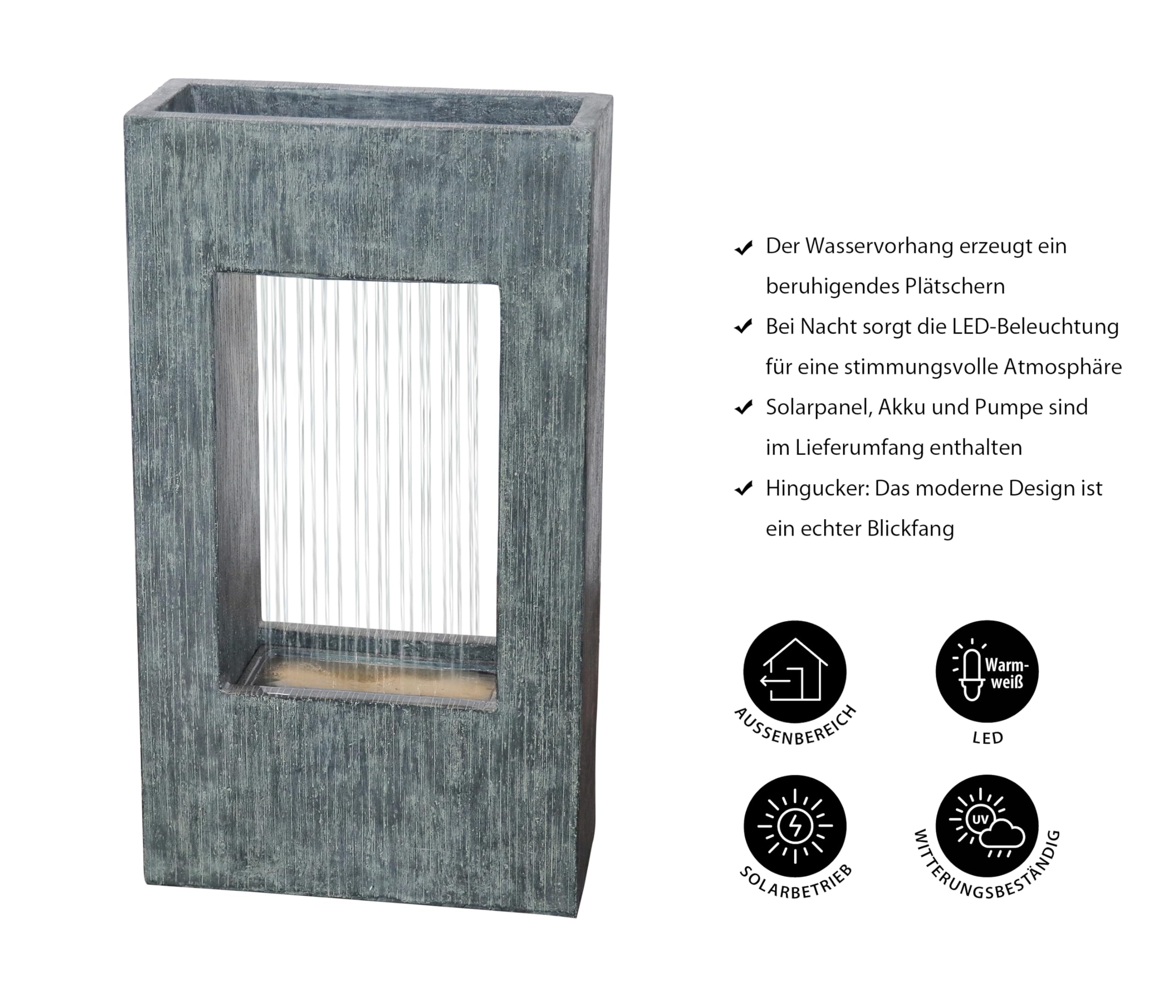 Dehner Vigo Fontaine de Jardin Solaire résistante au Gel avec éclairage LED 77,9 x 43,6 x 20,6 cm polyrésine Grise
