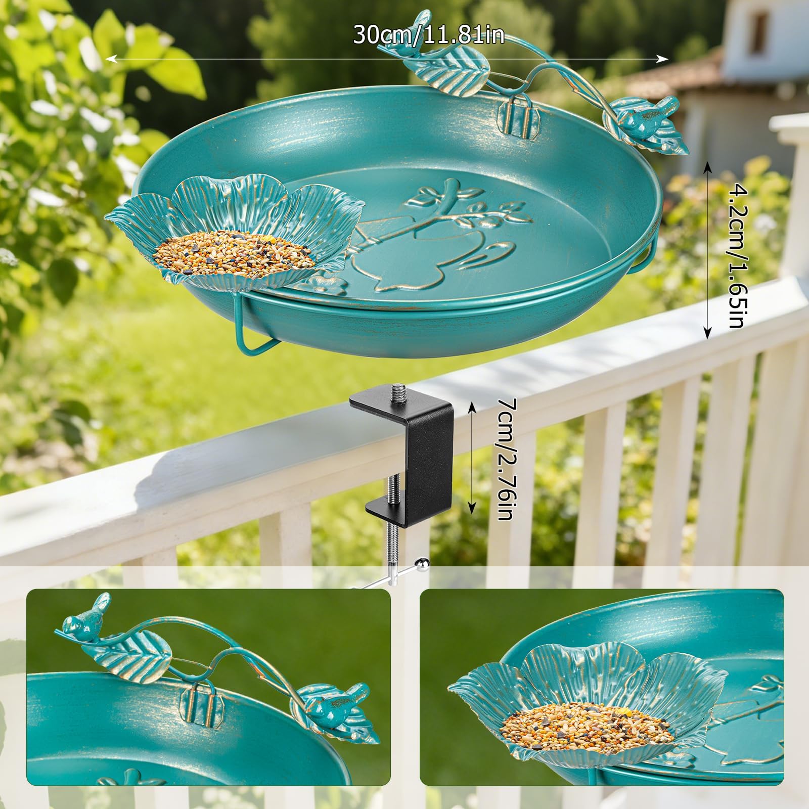 Mellbree Metal Bird Bath Deck Mounted, 12" Dia Lake Blue with Gold Gilding, Deck Mounted Fence Clamp Birdbath with Perch & Feeder Bowl, Detachable Multi-Functional Balcony Railing Bird Bath - image 5