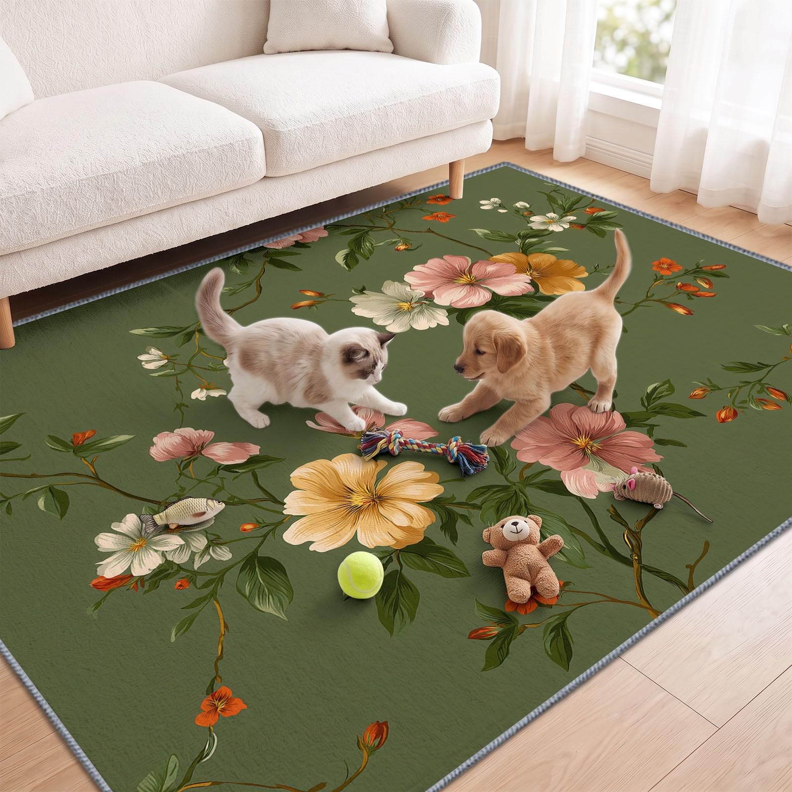 Générique Fleur Feuille Vert Foncé Tapis Salon 140x200 cm Lavable en Machine, Bohème Rétro Pastoral Tapis AntidéRapant Doux Poil Ras, pour Salon, Chambre et Salle à Manger