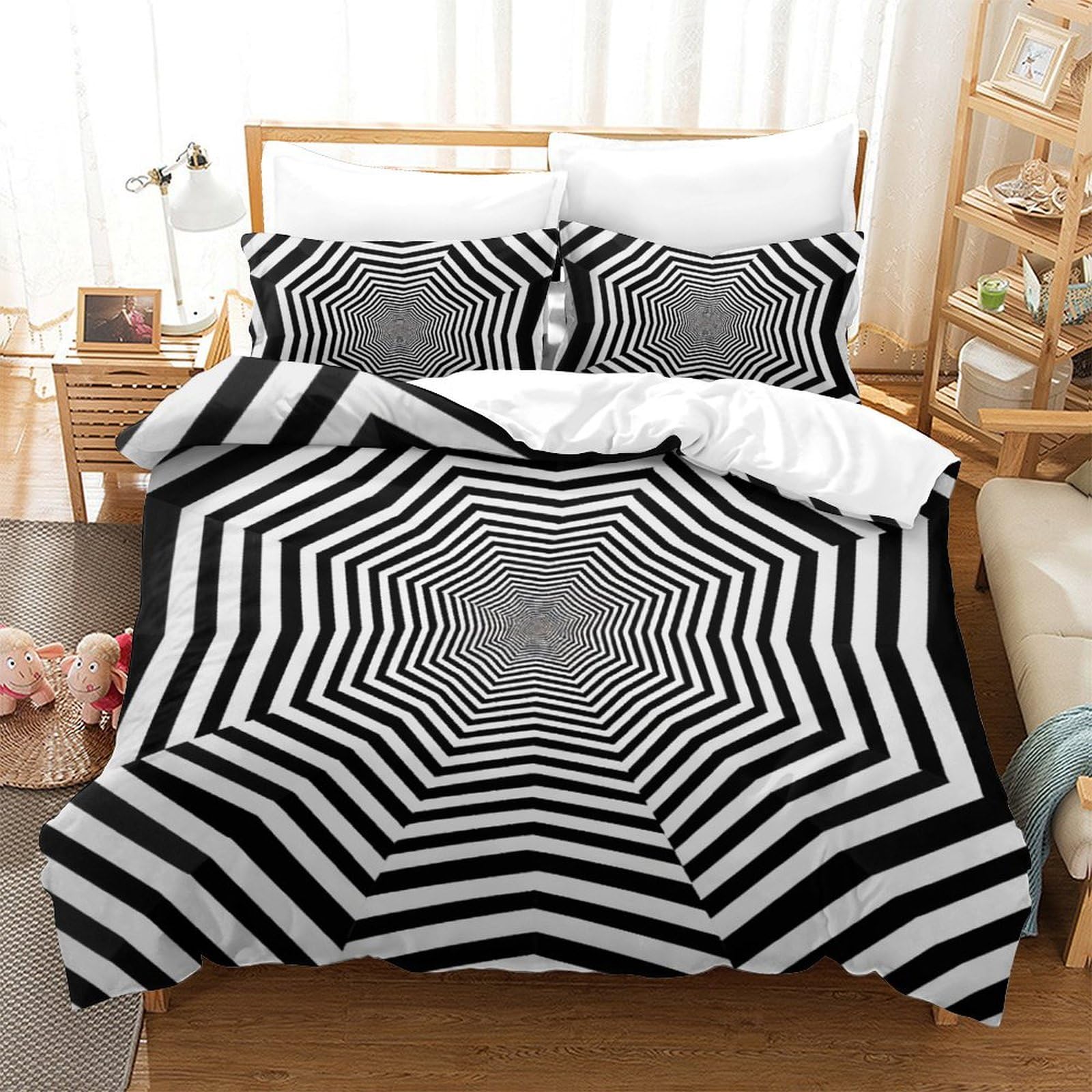 Housse de couette 200x200cm géométrie 3D en microfibre pour lit double avec taies