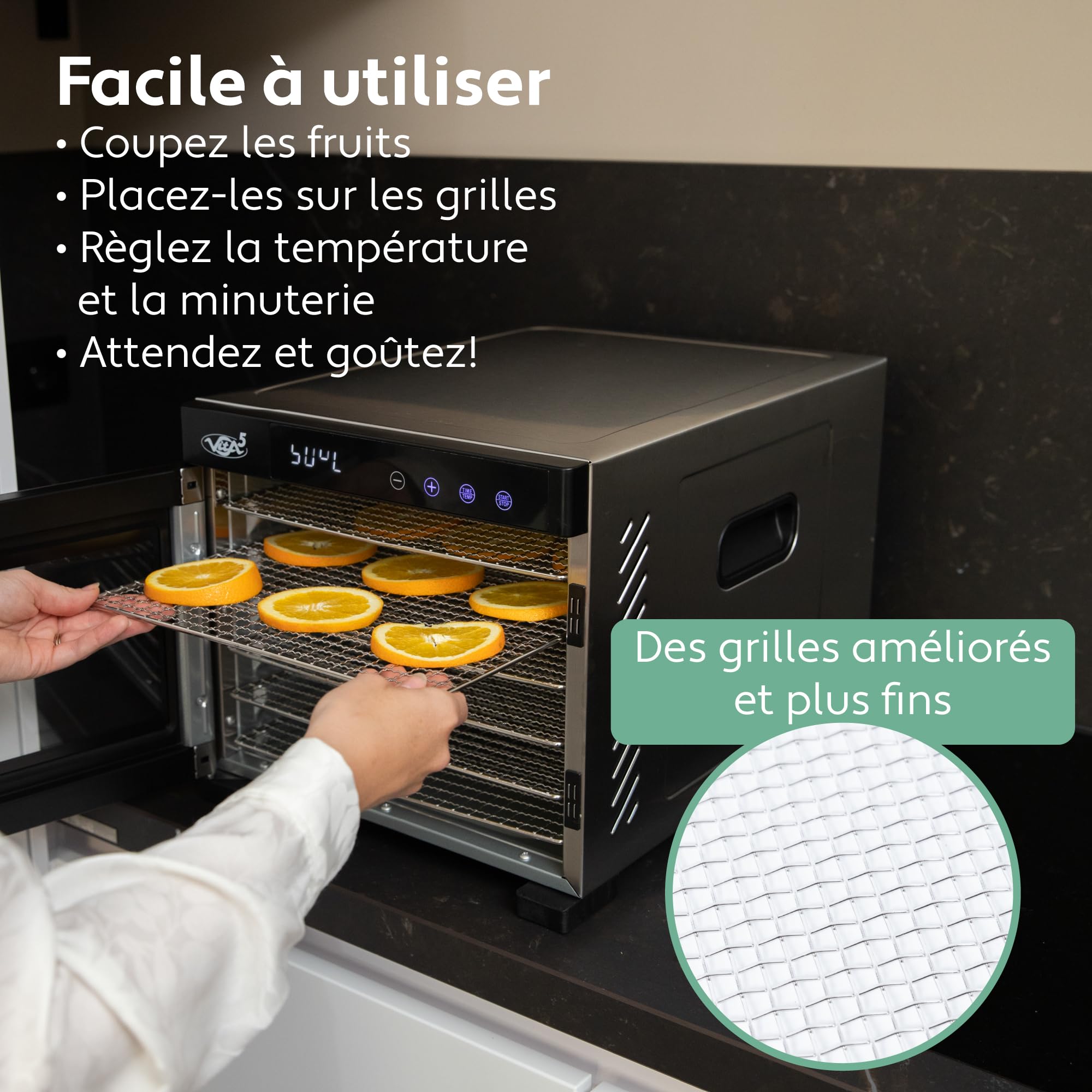 Vita5 Nobel Pro6 Deshydrateur Alimentaire avec 6 Plateaux en Inox - Déshydrateur avec Minuterie 24h et Température 35-75 °C - Deshydrateur Viande, Fruits, Champignons - 650W Déshydrateur Alimentaire