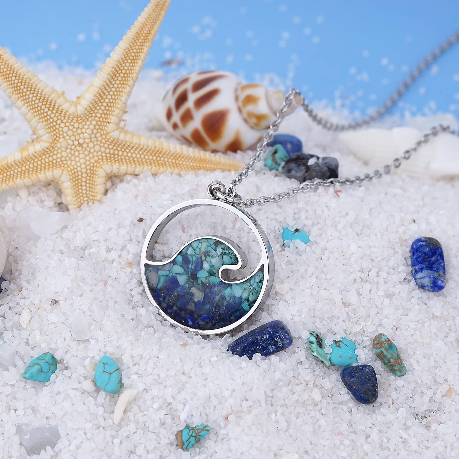Lauren-Spencer Ocean Wave Pendant Necklace for Women, Ocean Beach Themed Jewelry Gifts for Women, Turquoise Sodalite Chips Stainless Steel Necklace, Blue Surf Necklace for Women - Image 4