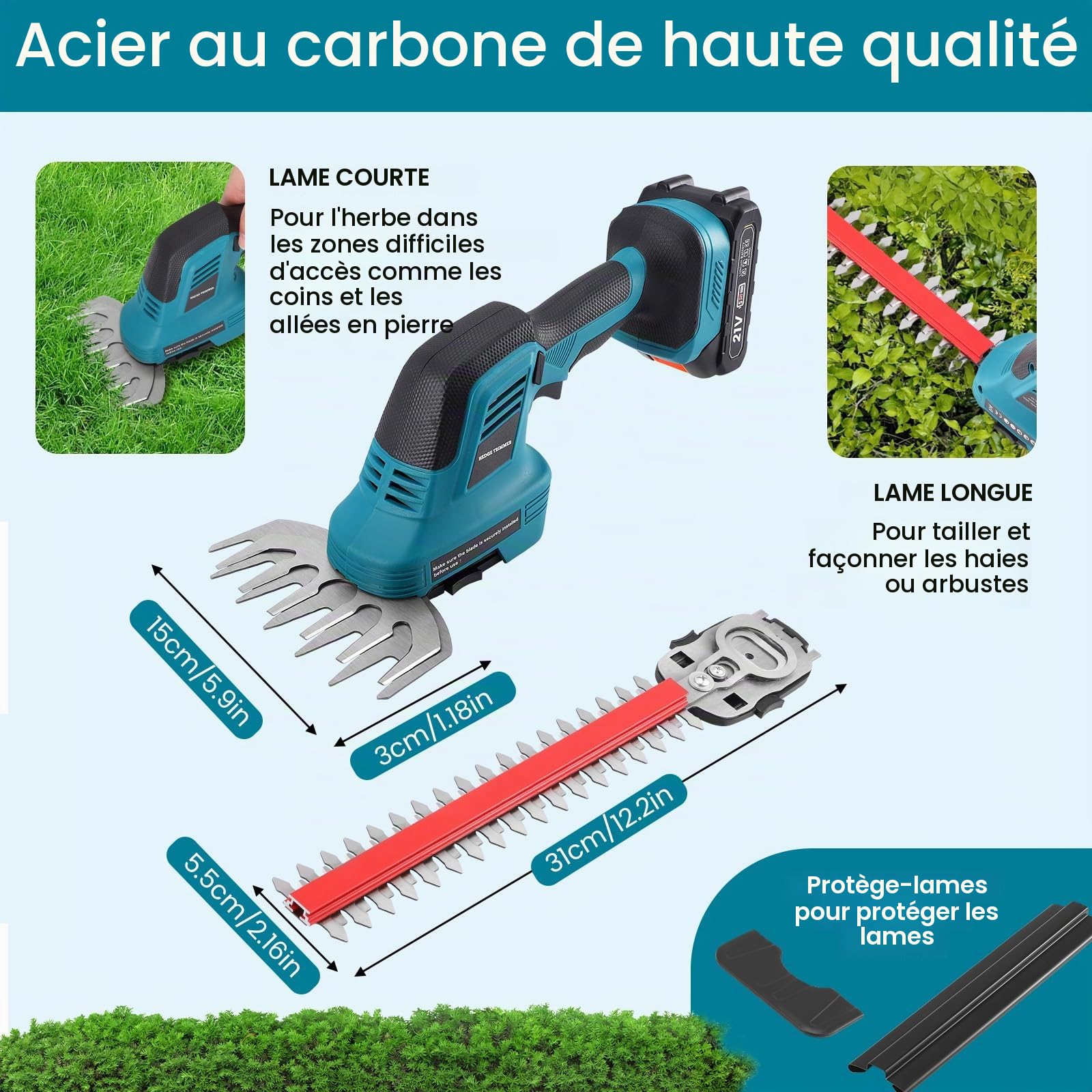 Taille Haie Batterie, Cisaille de Jardin Cisailles à Gazon Taille Haie Electrique, Coupe Haie sans Fil avec Batterie 1500mAh*2, Double Lame de Coupe,pour Désherberger, Élaguer Les Arbres, Arbustes
