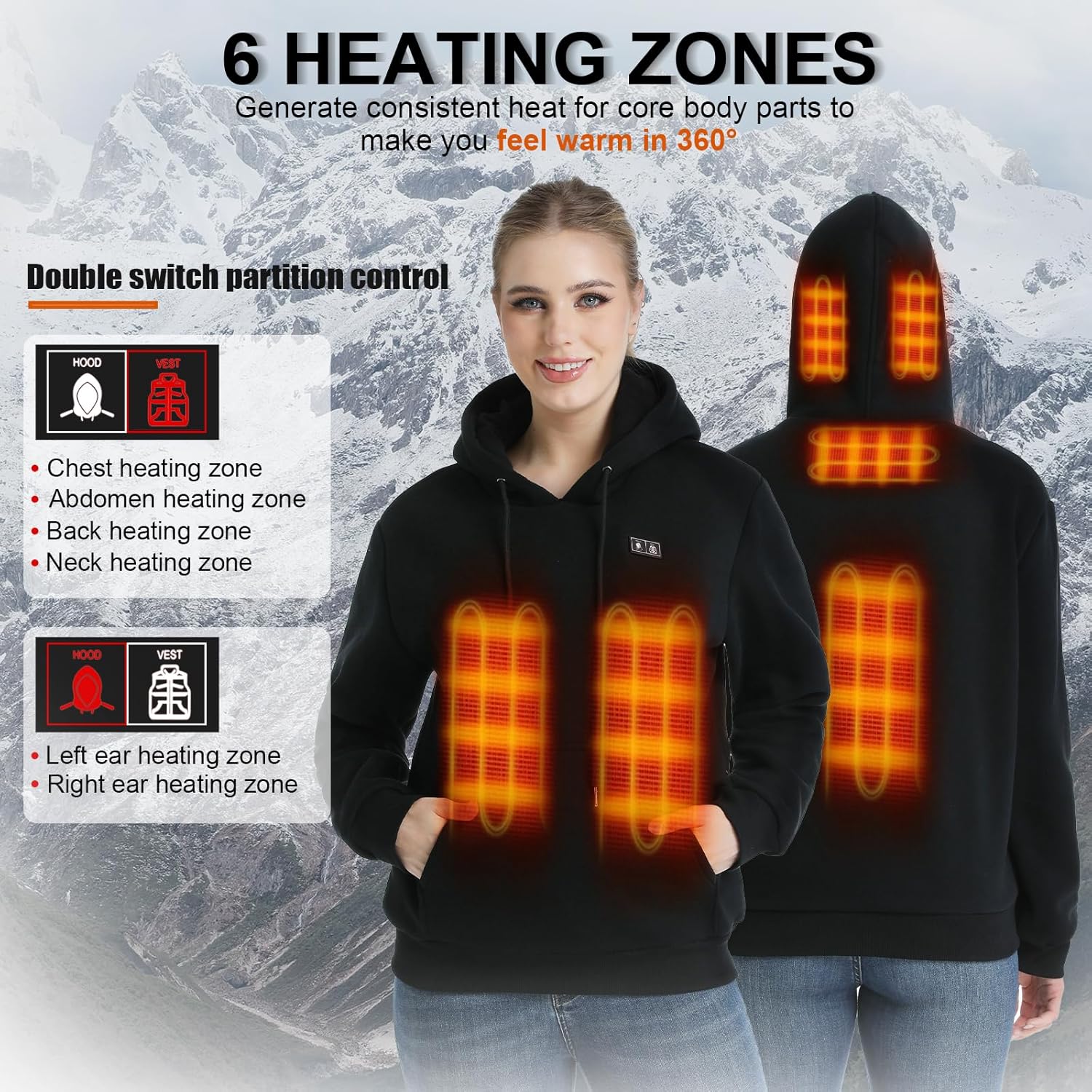 Heated Hoodie for Women and Men Pullover Sweatshirt with 12000mAh Battery Pack, 6 Heating Zones, 3 Heating Levels