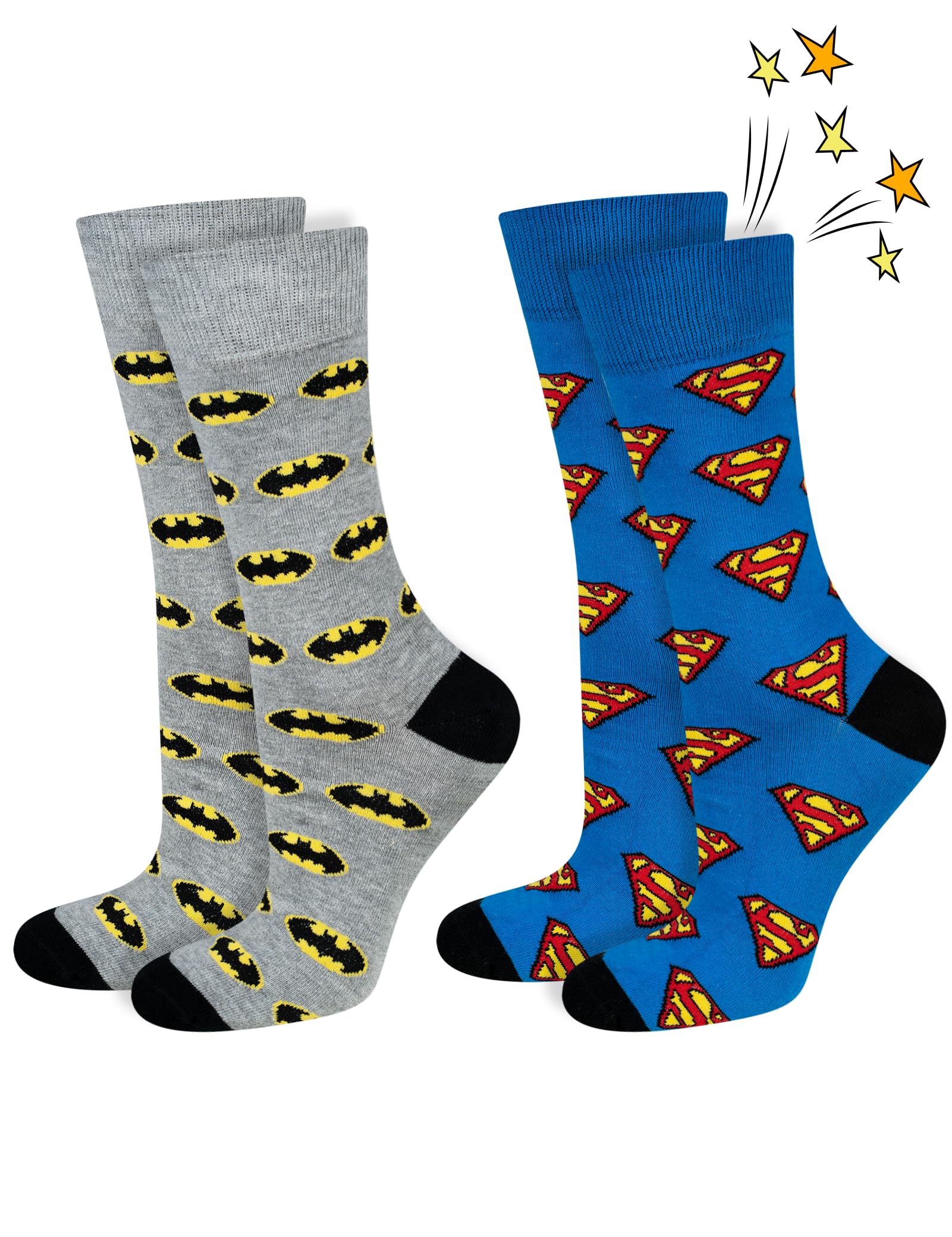 Soxo Men's Batman Superman Logo 2 Pairs Dc Comics The Batman Superman Socks Cotton Funny Gifts Walking Sock 6.5-10.5