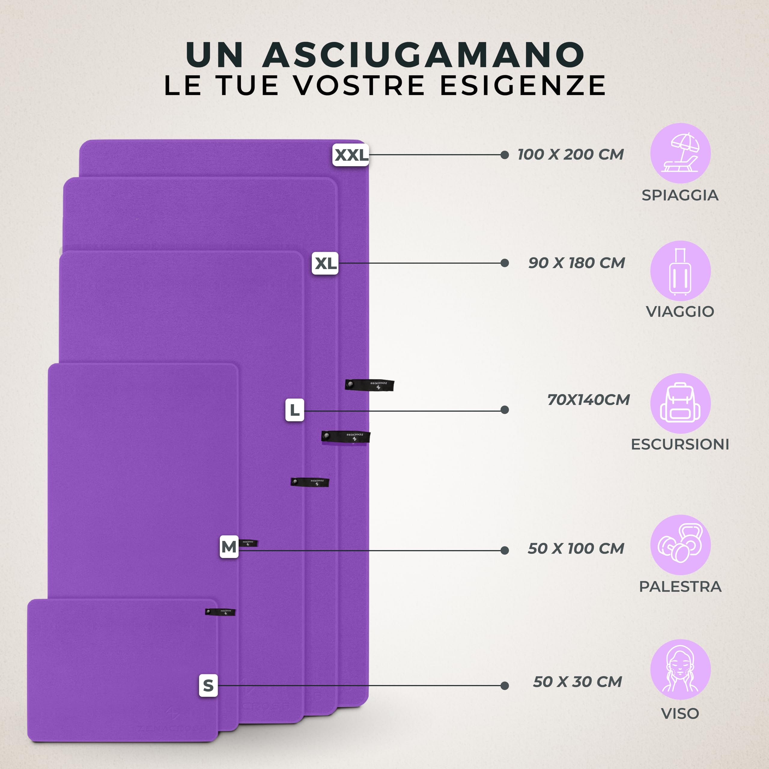 Zenacross Asciugamano Palestra 50x100cm con Borsa per il Trasporto - Asciugamano Microfibra a Rapida Asciugatura e Versatile - Telo Palestra Taglie M - Viola