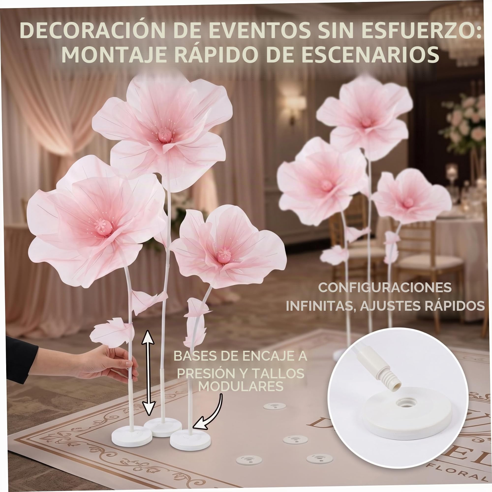Flor de Organza Gigante con Soporte - Decoración de Fondo de Flores de Papel de 3 Cabezas para jardín, Hotel, fotografía, Boda (Estilo-1)