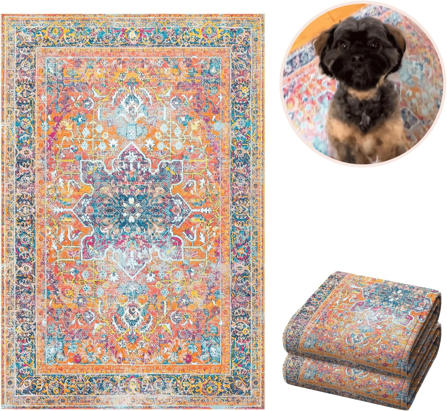 Lovewag Pets Stylish Waterproof Dog Mats for Muddy Paws - Decorative Washable Pet Floor Protectors - Large 36 x 48 Inch Rug-Look Pads - Machine Washable, Non-Slip Backing - 2 Pack (Marmalade Sunshine)