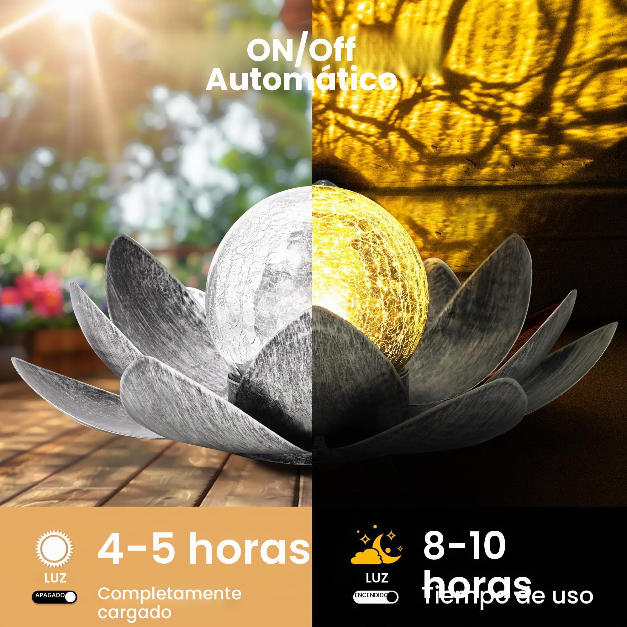 GIGALUMI Luces Solares para Decoración de Jardín al Aire Aibre, Pétalos de Metal Ajustables, Luces de Flor de Loto, Decoración de Mesa al Aire Libre, IP44 impermeable(Gris)