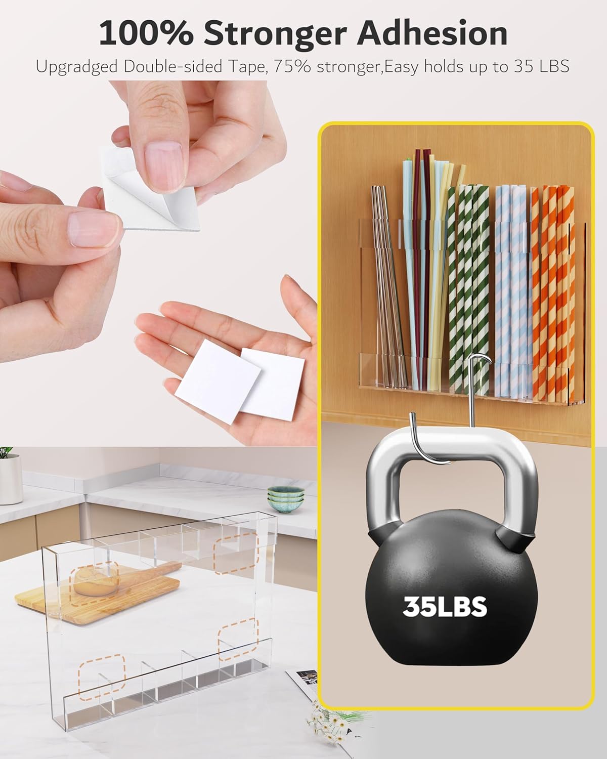 Upgraded 9.6'' Large Acrylic Straw Holder for Cabinet Door, Space-Saving Straw Organizer Storage Dispenser for Cabinet Doors or Countertops, Strong Adhesive Double-sided Tape Included - Image 5