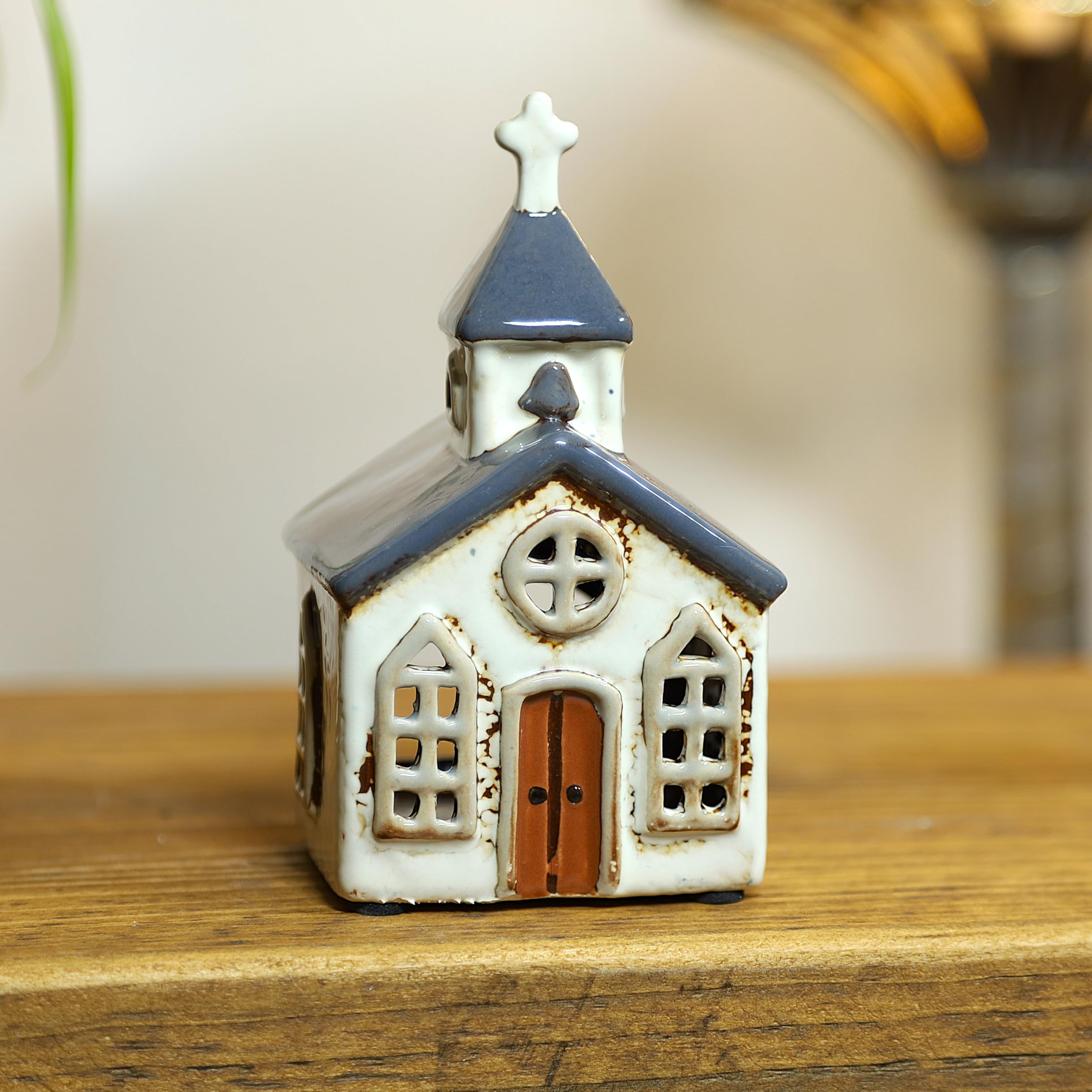 Fyne-Finds White-Blue Ceramic Church Tealight Holder Candle Holder Lantern Church Cottage Xmas Festive Shelfsitter Ornament
