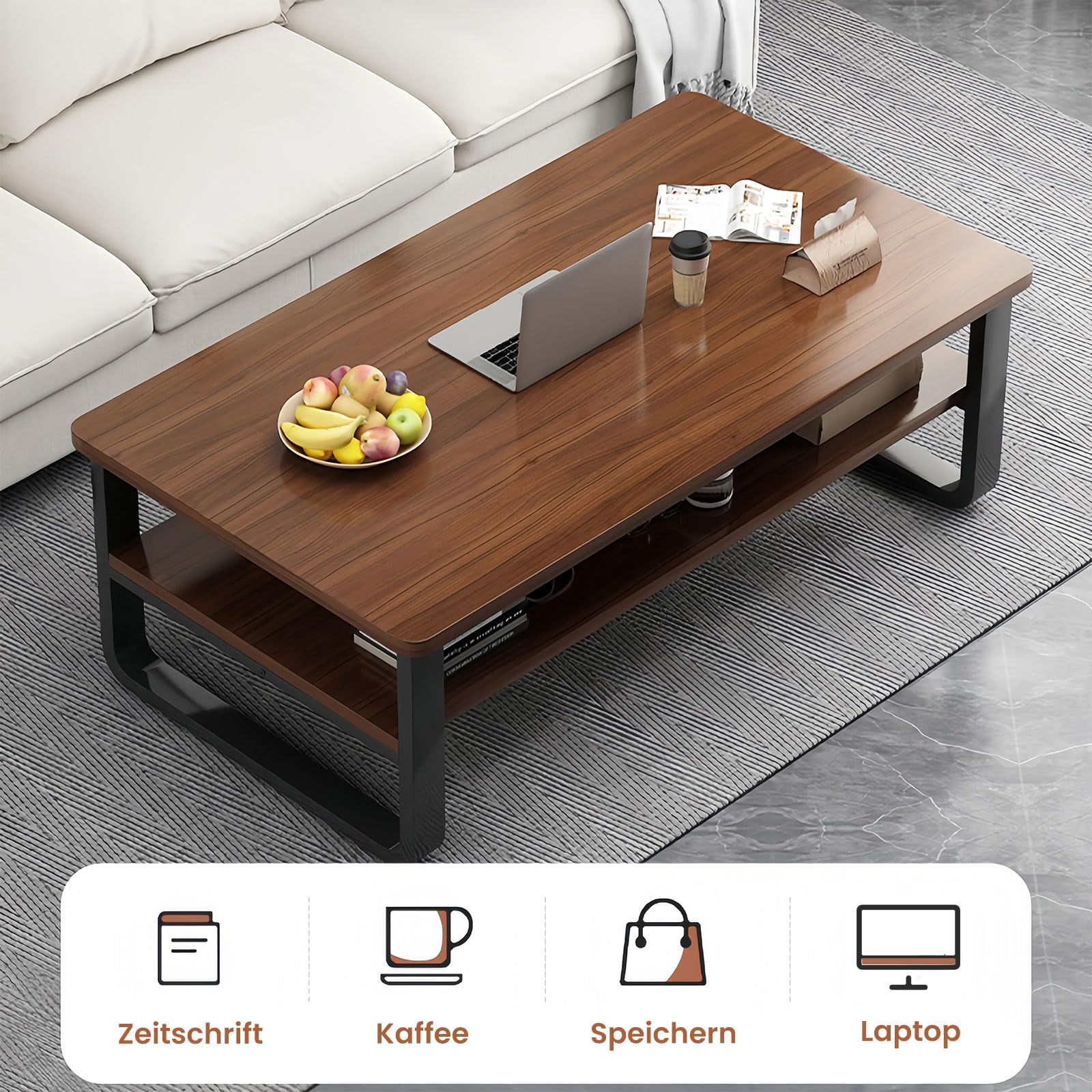 Couchtisch Rechteckig mit Stauraum, 120cm Wohnzimmertisch Sofatisch, Braun