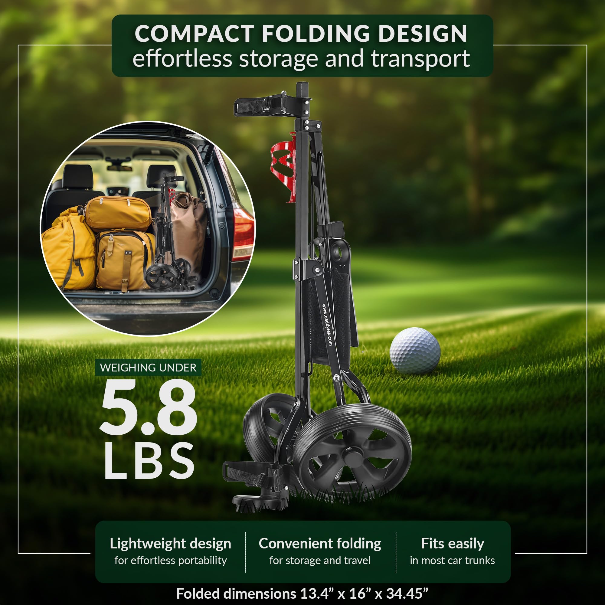 CaddyTek Golfwagen mit 2 Rädern, luxuriös, leicht, Faltbarer kompakter Trolley mit Aluminiumrahmen, Eva-Rädern, Netz-Aufbewahrung, ergonomischem Griff und Getränkehalter