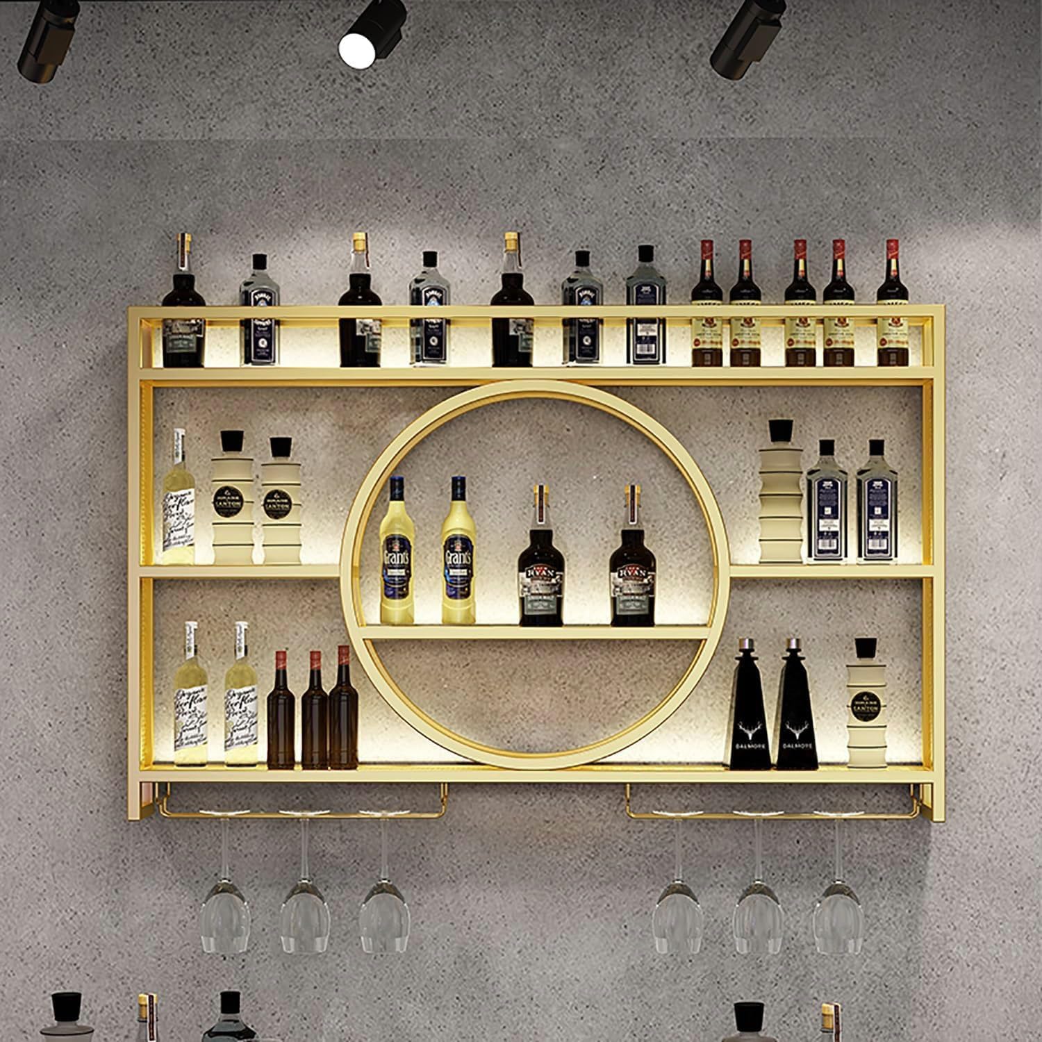 Wine Rack Wall Mounted with LED Light, 3-Tier Metal Bar Shelves for Liquor Bottles with Wine Glass Holder, Modern Large Capacity Liquor Display Shelf for Home Bar, Dining Room, Kitchen (Gold, 47.2in)