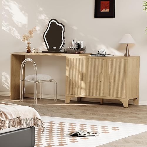 Miniatura 8 de Gabinete de buffet acanalado moderno de mediados de siglo con almacenamiento, aparador decorativo y armario de almacenamiento de credenza