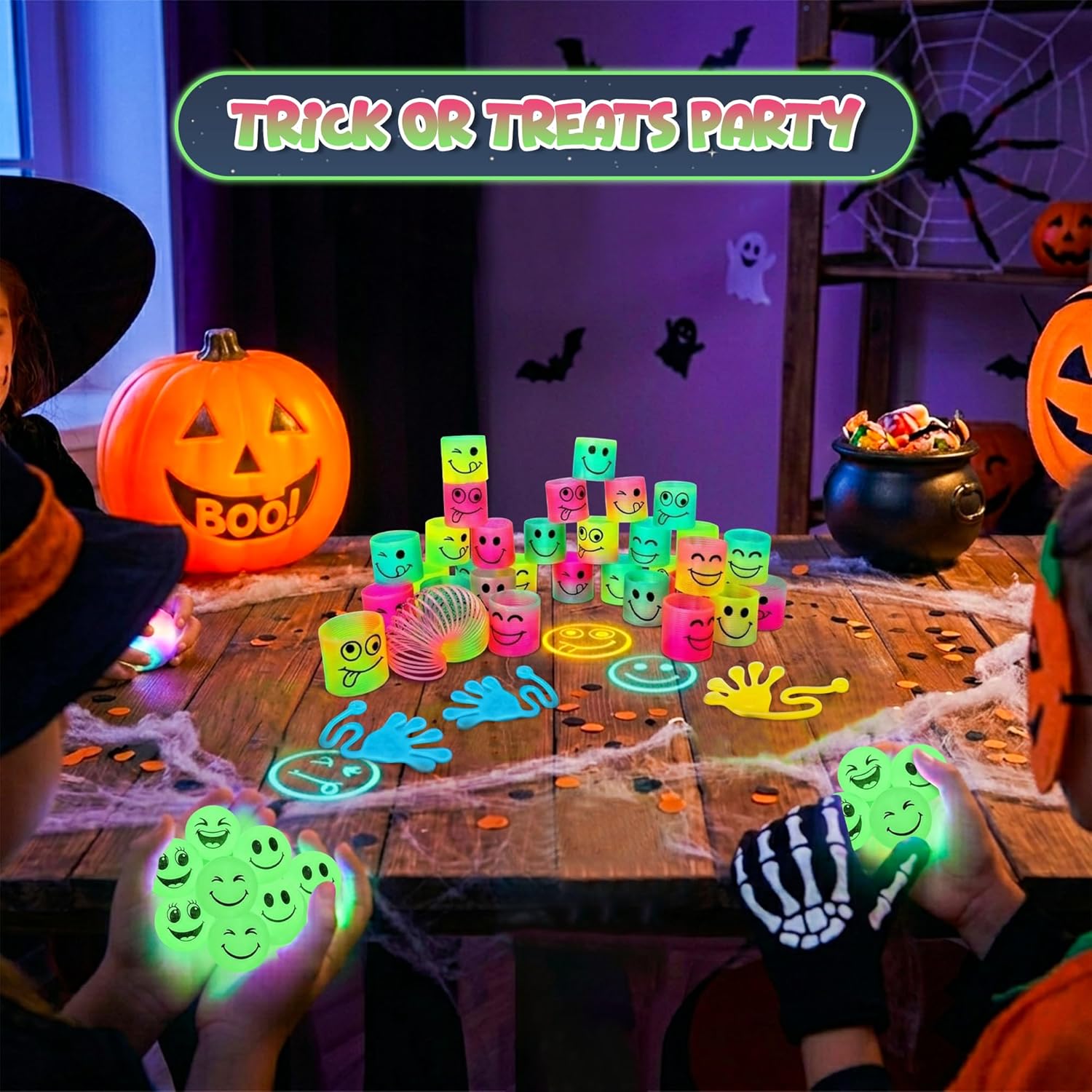 4E's Novelty 108 Pcs Glow in The Dark Toys - 36 Bouncy Balls, 36 Coil Spring, 36 Sticky Hands, Bulk Party Favor or Kids Goodie Bags Birthday Party Supplies, Easter Egg Filler & Basket STuffers