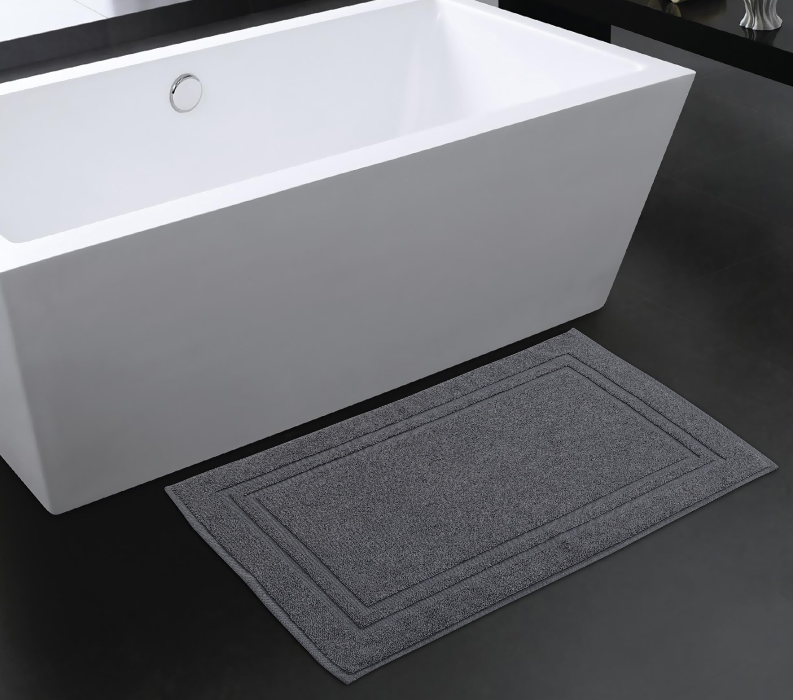 La Maison 100% Cotton Super Soft and Absorbent Bath Mat Shower Mat 50cms x 80cms Hotel Frame Stripe Border (Charcoal)