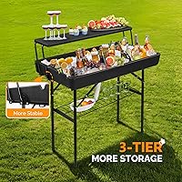 Vista 4 de VINGLI Mesa enfriadora portátil con estante de almacenamiento adicional, acero aleado, negro, modelo picetable
