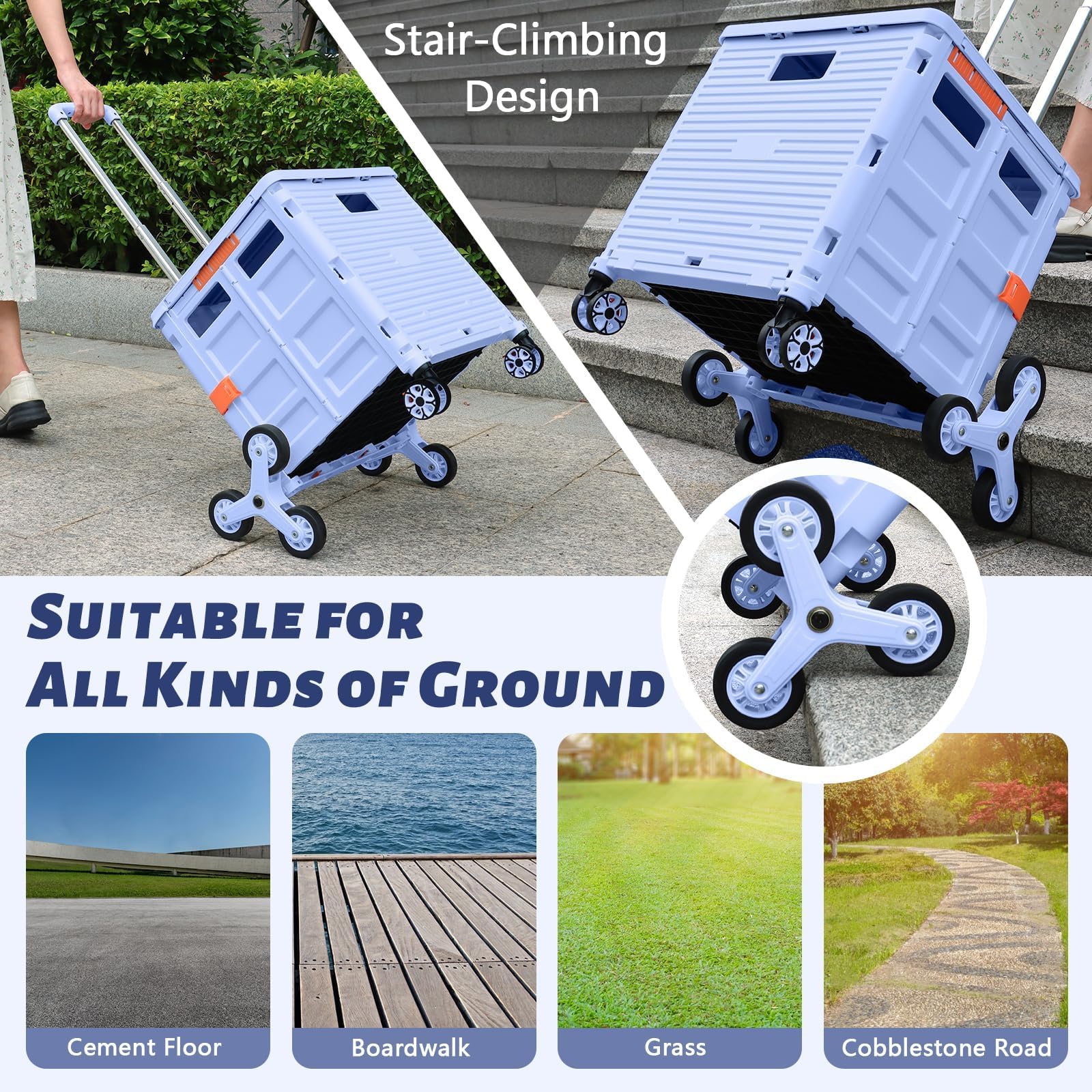 Carrito de Compras Plegable, Carro Portátil Plegable con Ruedas para Subir Escaleras, Cesta Compacta con Tapa Magnética, Carrito Rodante con Mango Telescópico, Ligero y Resistente hasta 80KG-Azul