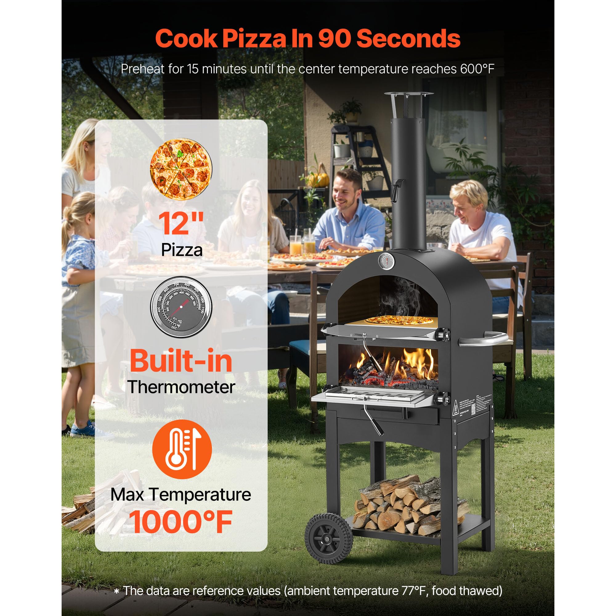 VEVOR Forno per Pizza da Esterno Portatile 12 pollici a Pellet max. 540°C con 2 Ruote Rimovibili