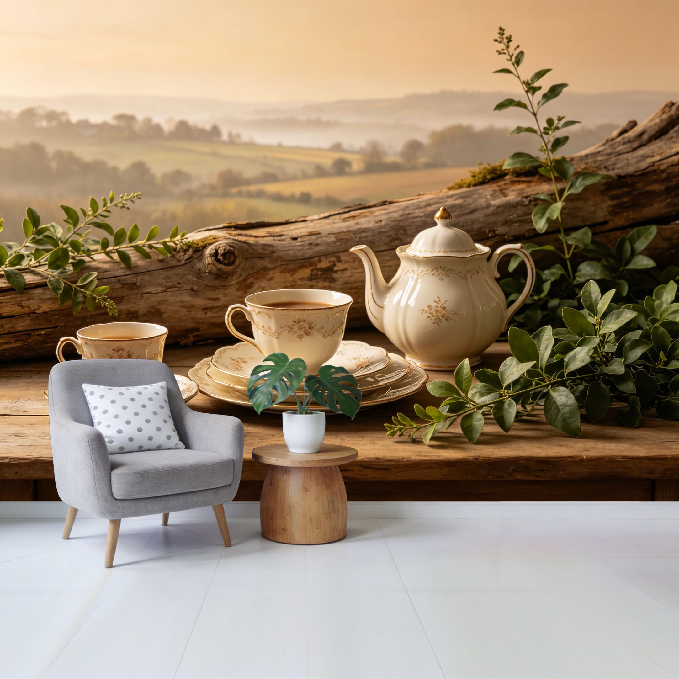 Qzlithotic Yq2605250840 Custom Size Wall Mural Vintage Afternoon Tea Set Landscape Morning Mist Farmhouse Botanical Style Selfadhesive Wall Fabric Removable Wallpaper For Home Office Decor