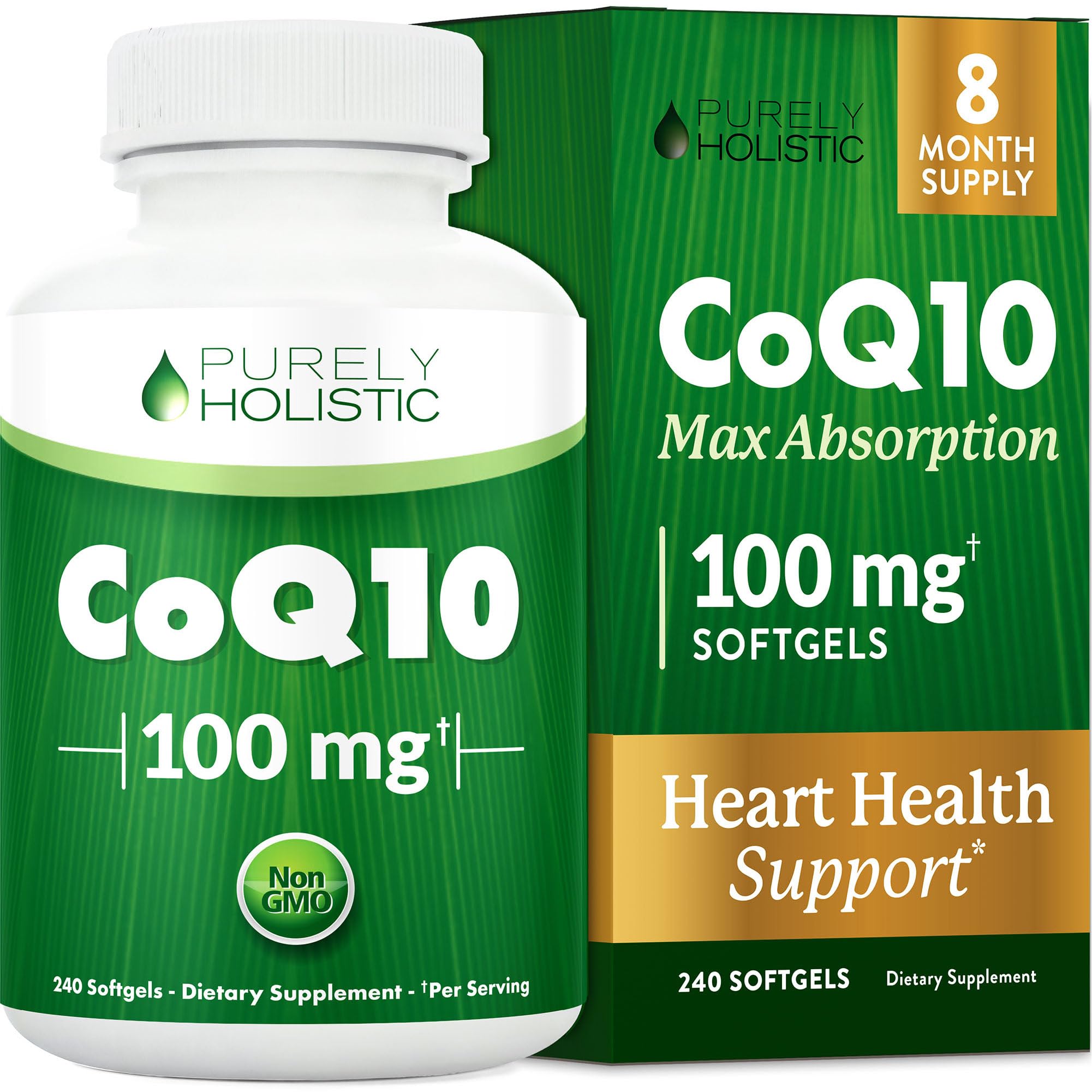 CoQ10 100mg Softgels | Heart Health Support | 8 Month Supply | High Absorption Coenzyme Q10 for Energy Levels & Vitality Support | Co Q 10 Supplement | Non-GMO & Gluten-Free | 240 Co Q10 Softgels