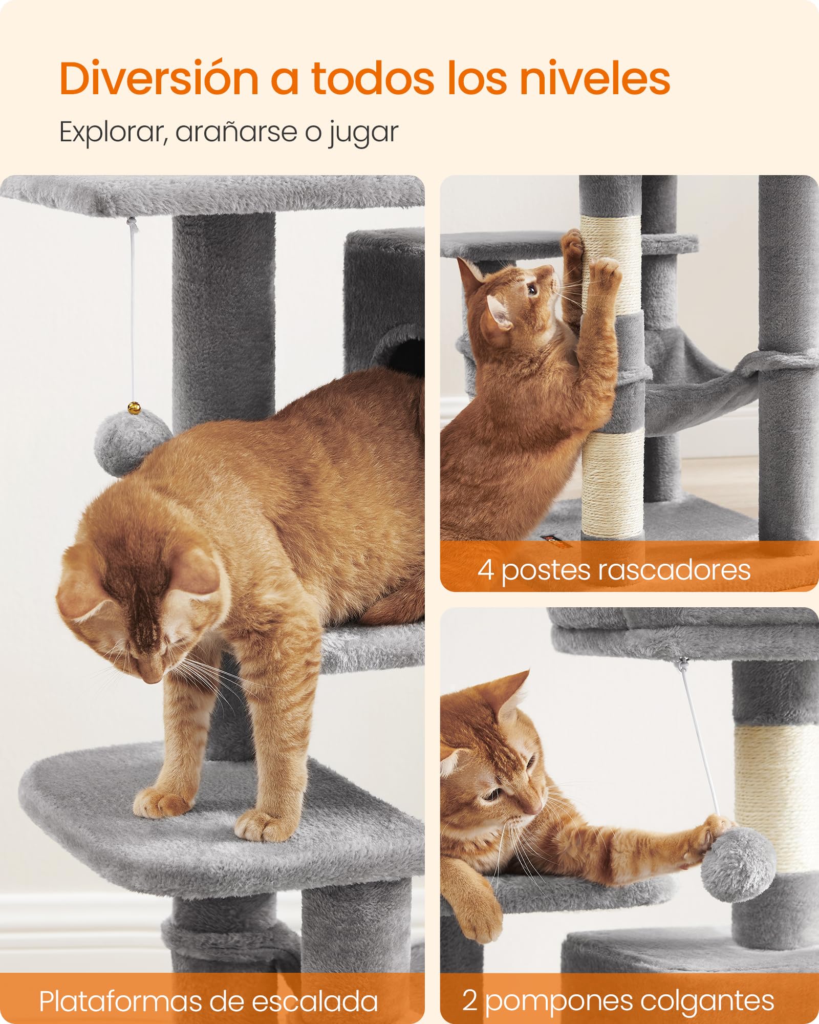 Feandrea Árbol para Gatos, Altura 112 cm, Torre de Gatos, con 4 Postes Rascadores, 2 Plataformas, 1 Cueva, 1 Hamaca, 2 Pompones, Tela de Felpa, Multinivel, Gris Claro PCT261W01