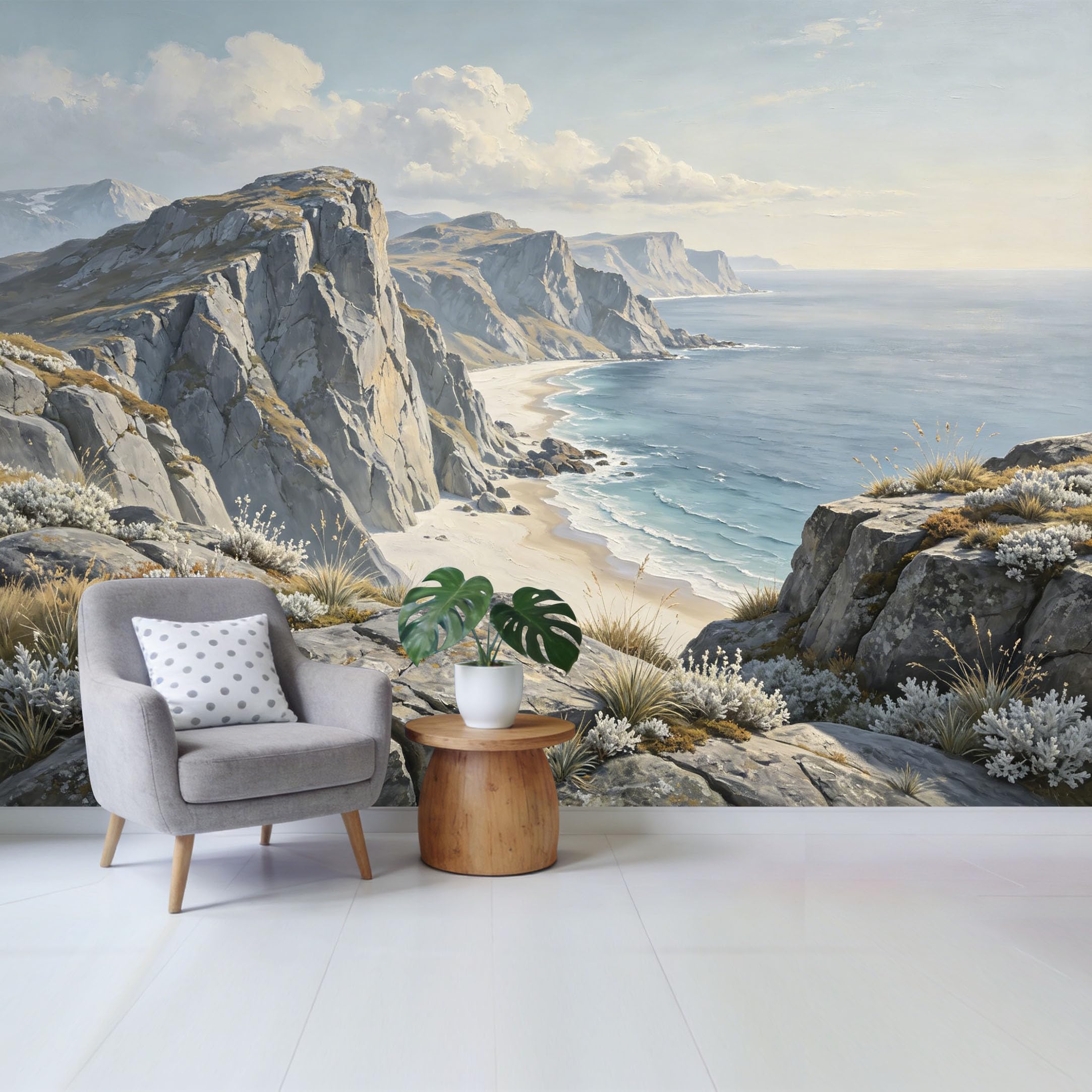 Qzlithotic Yq2605250496 Custom Size Wall Mural Dramatic Coastal Cliff Landscape Mountain Lake View Oil Painting Style Selfadhesive Wall Fabric Removable Wallpaper For Home Office Decor