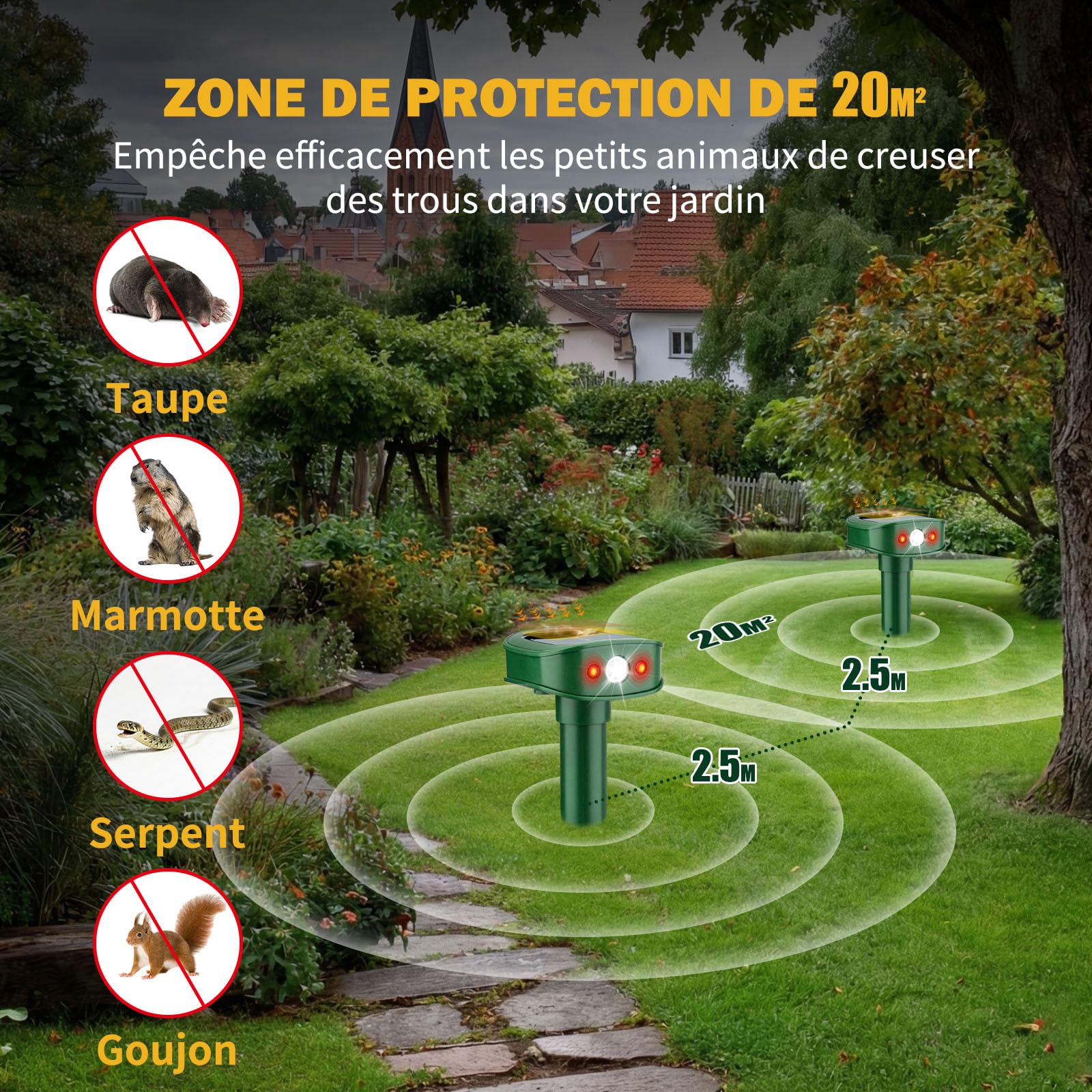 4 Pièces Répulsif Taupes, 20㎡ Nouveau Vibrations Répulsif Solaire pour Martres avec Lumière LED, Imperméable IP45 Effaroucheur Animaux Jardin pour Souris Taupes Lapins Serpents