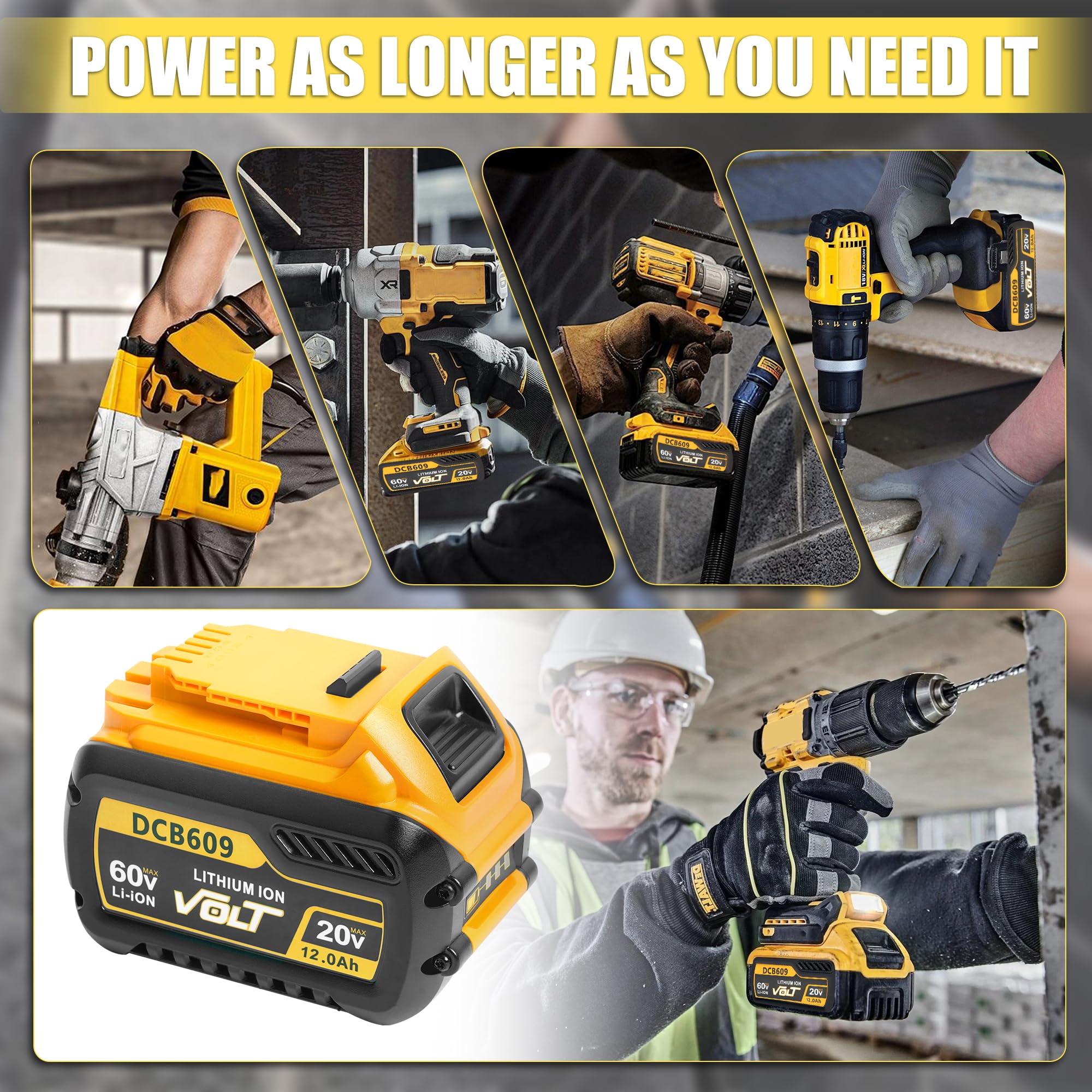 2-Pack 12 0Ah Replacement Battery for DeWalt FlexVolt 20V 60V Max Compatible with DCB606 DCB609 DCB612 DCB200 DCB205 — view 6