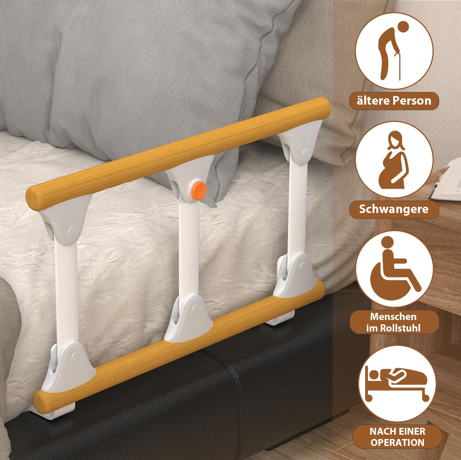 Sponda Letto Anziani Pieghevole Anticaduta | Barriera di Sicurezza Regolabile | Supporto Flessibile per Sedersi/Alzarsi | Adatta Anziani, Disabili (Legno)