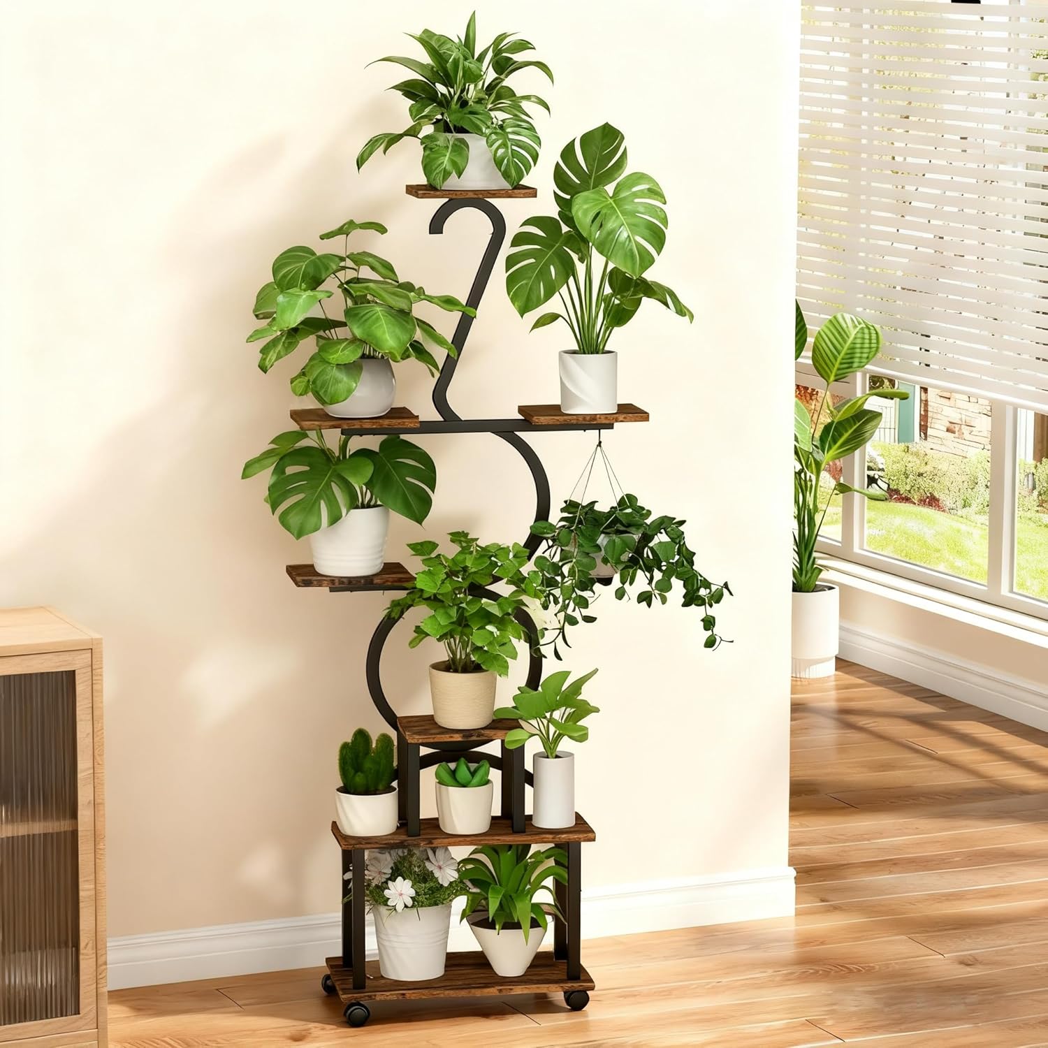 Plant Stand with Grow Lights, 8 Tiered 64" Corner Plant Stand, Metal Plant Shelf Indoor with Wheel, Large Plant Stands, Flower Rack Display for Living Room, Garden, Patio-Thick 1.2MM Steel Frame