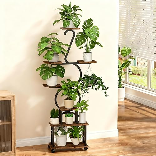 Miniatura 6 de Soporte para plantas con luces de crecimiento, soporte de esquina de 8 niveles de 64 pulgadas, estante de metal para plantas interiores con rueda