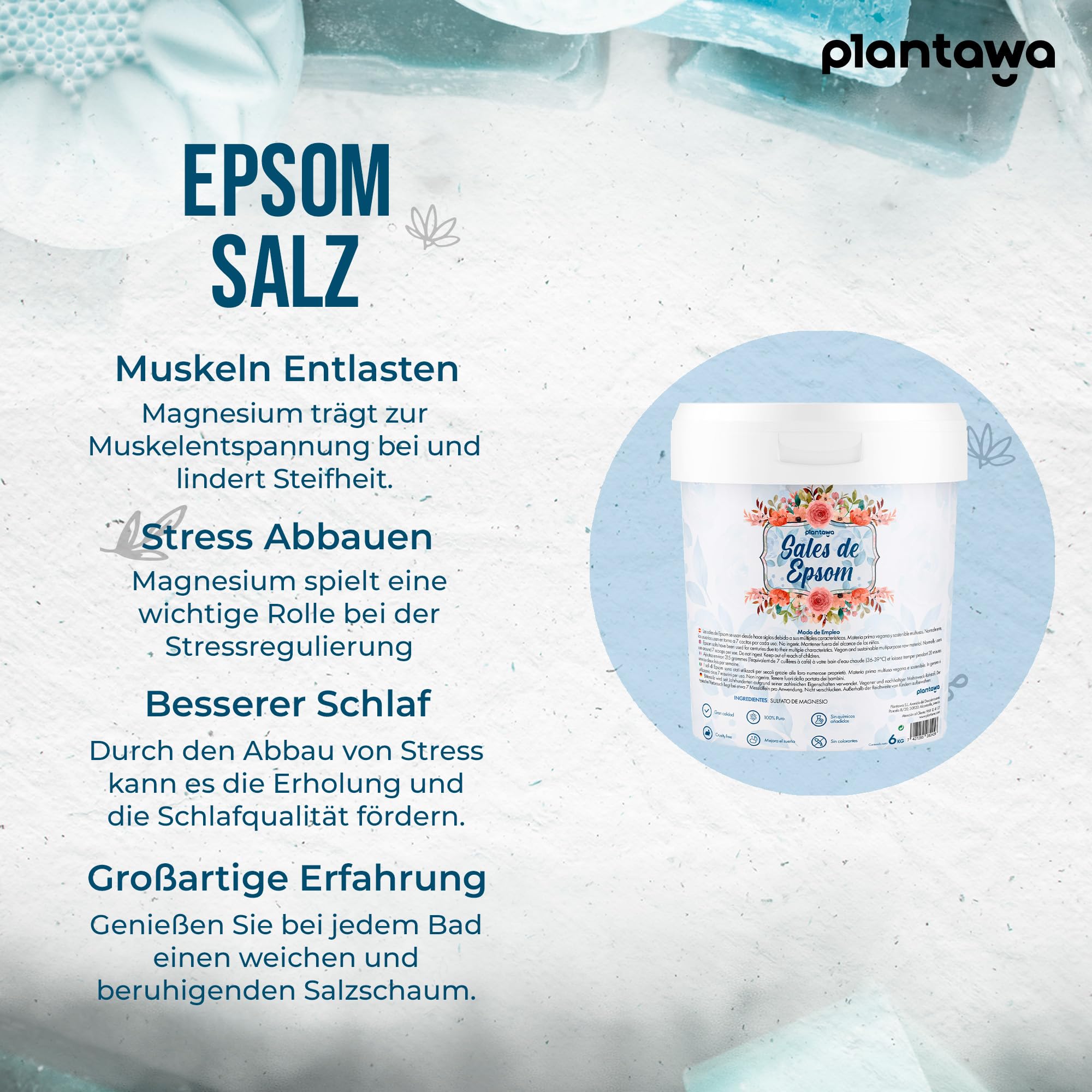 PLANTAWA Epsom Salz 6KG | Reines Magnesiumsulfat Badesalz | Schäumendes Magnesium Bad für Muskelentspannung | Natürliche Aromatherapie für Erholsamen Schlaf | Ohne Zusatzstoffe und 100% Natürlich