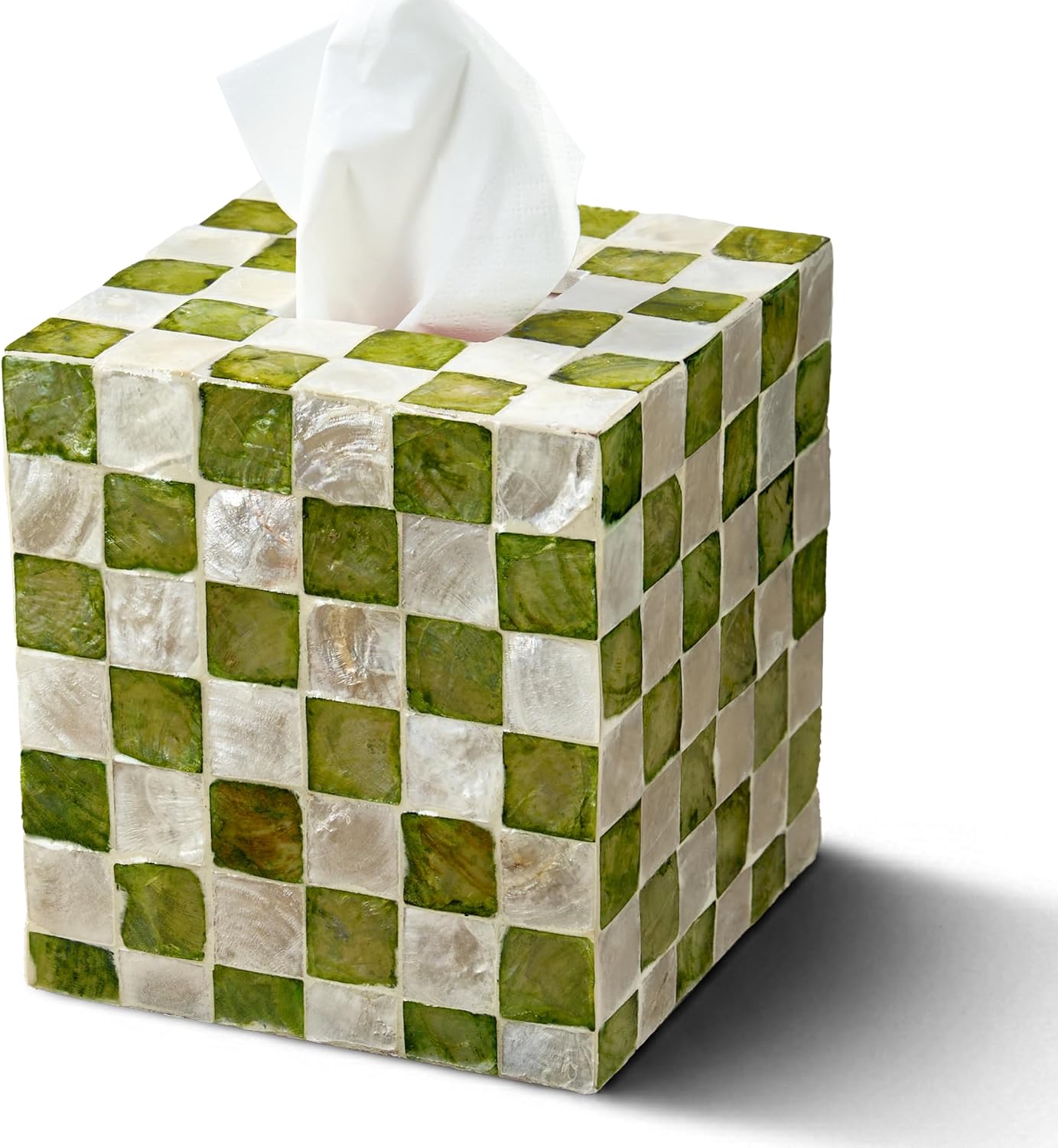 5.7" Square Tissue Box Cover, Handmade Green & White Checkered Capiz Shell Tissue Holder, Decorative Cube Tissue Box Cover for Bathroom, Living Room, Bedroom or Office