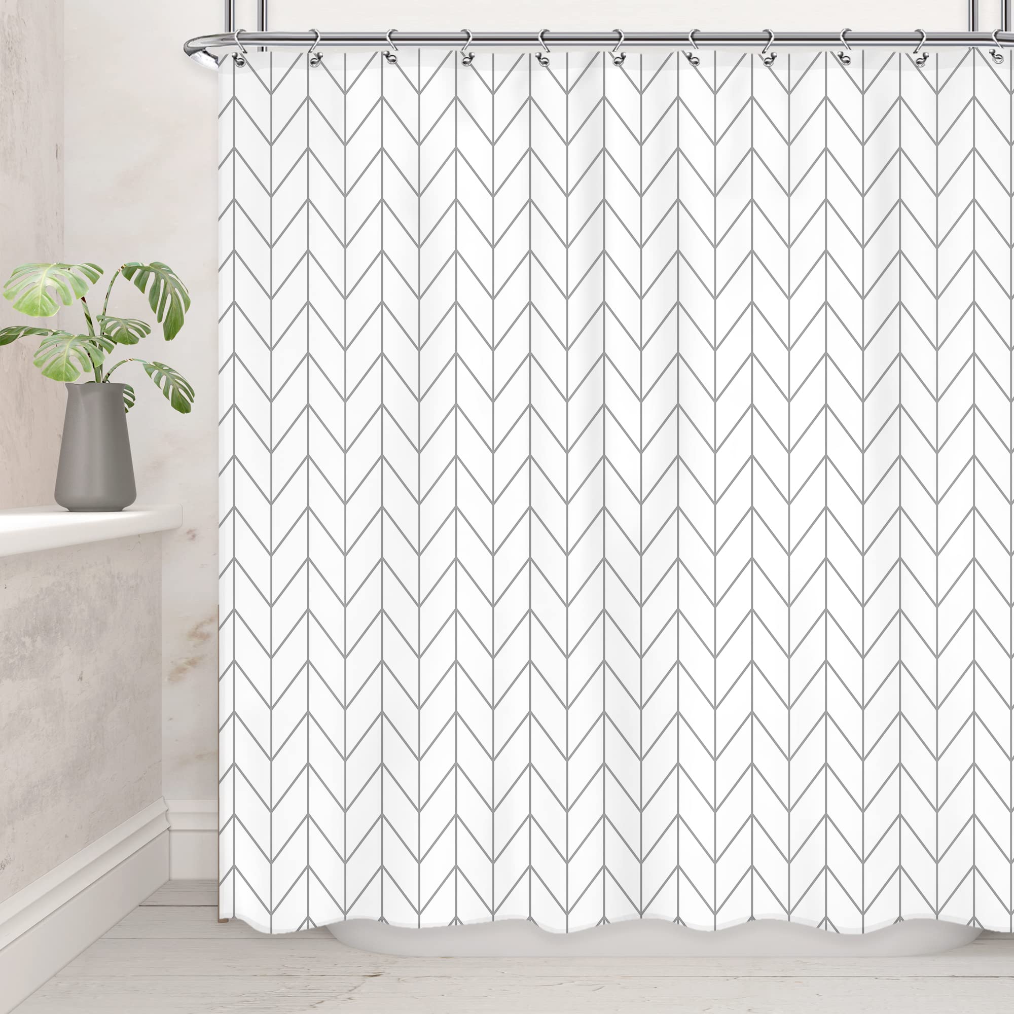 Riyidecor Chevron shower curtain white grey geometric herringbone pattern, 183 x 183 cm (W x H), striped, simple, modern, stylish, neutral, contemporary, 12 hooks, polyester, waterproof — image 1