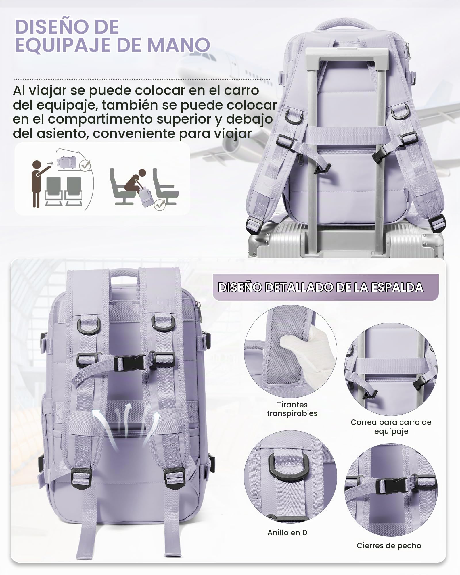 BJLFS Mochila al Vacio con Bomba Equipaje de Mano 40x30x20 Ryanair Wizzair Vueling Mochila Viaje Cabina Avion 40x20x25 Impermeable Bolsa de Viaje Mujer Mochila de Computadora Portátil Portátil Púrpura